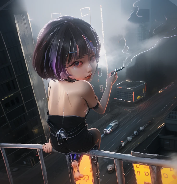 A girl sits on the railing and looks at the car below，smoking，In the city，Cyberpunk style，girls frontline style