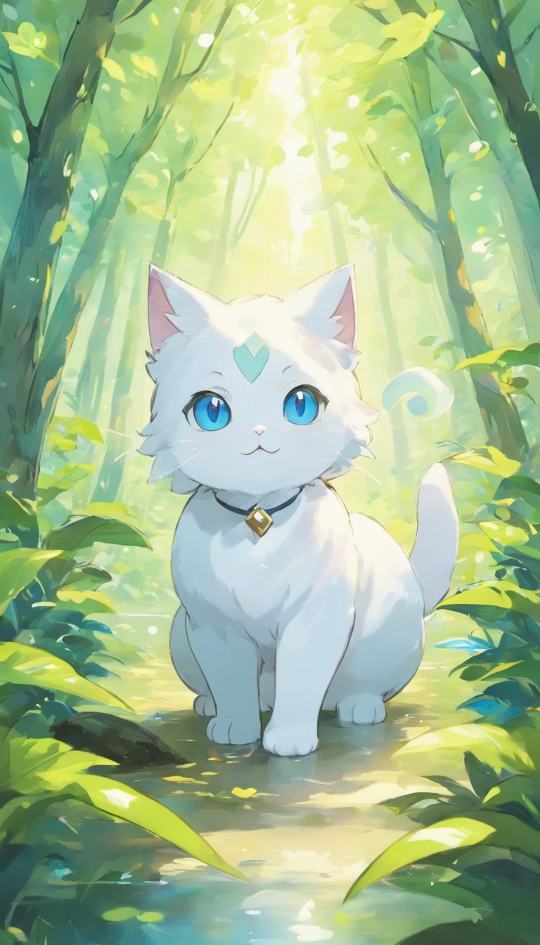 White cat、Blue eyes、In the forest with a fantastic lake、Elegance、narrow her eyes、Fantastical
