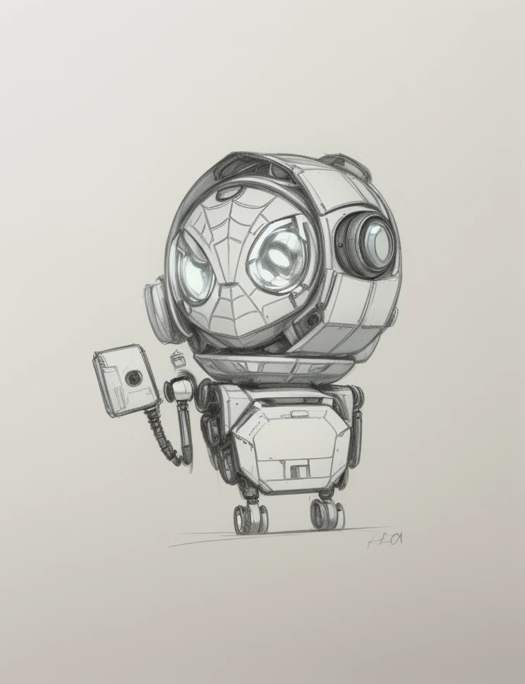 Picture of a robot with a clock on its head, anthropomorphic robot [ thing ], Character design sketches, dabai style, concept art h 8 0 0, robot concept art, Concept robot, concept sketches, professional sketch, portrait of a mech, Futuristic style Spider-Man, Concept art sketch, Robot design, comic character design, Cute robot, spiderman as terminator