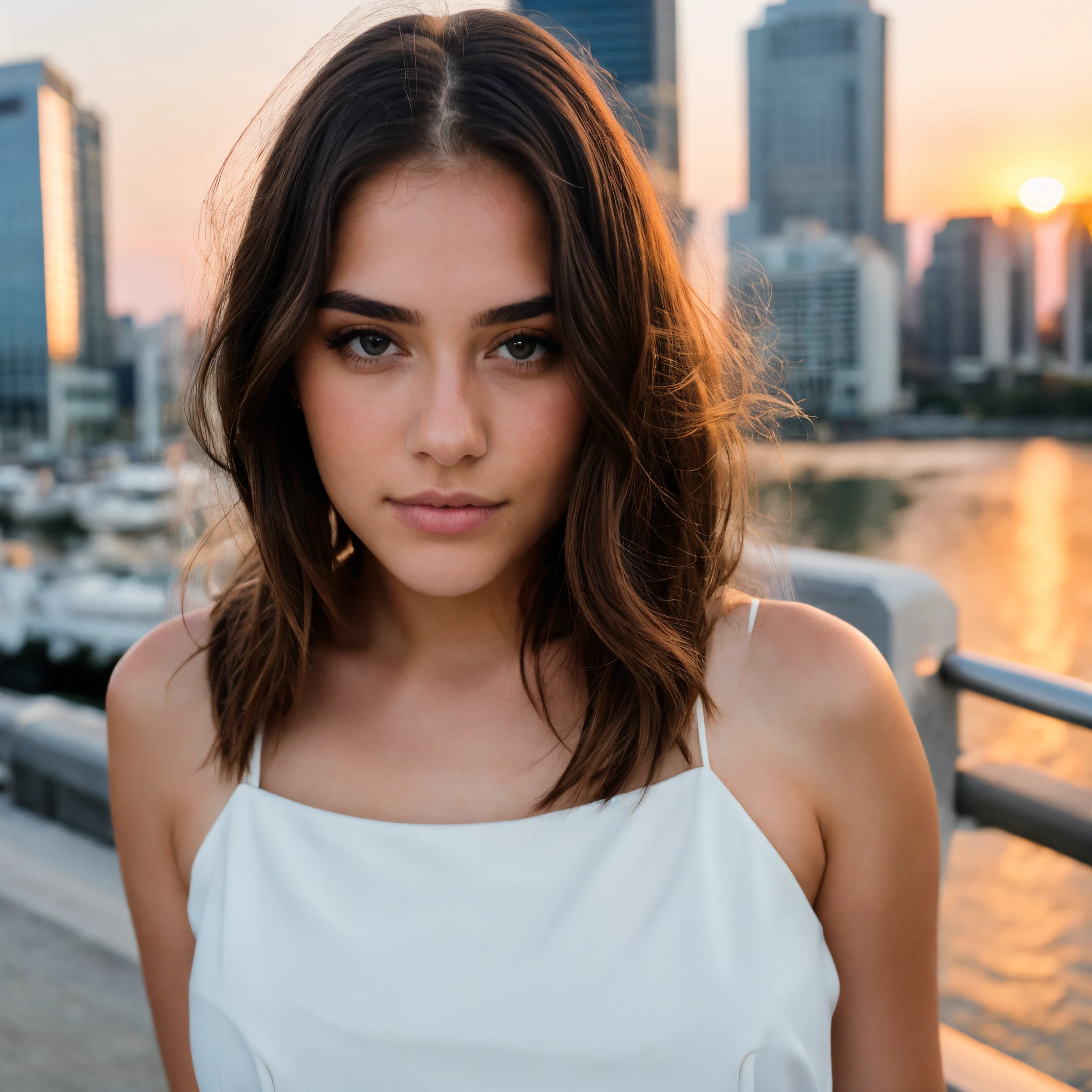 beautiful 18 year old girl, contour style hair and brown eyes, delicate features, long hair, beautiful body, full body, looking at viewer, natural makeup, detailed eyes, pale skin, skin texture, ultra realistic, photorealistic, best quality , 8k HD, canon EF 85 mm, city, sunset, beautiful sky.