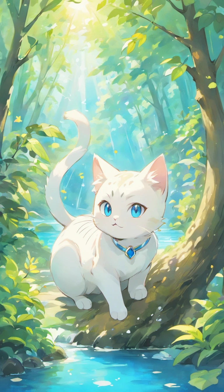 White cat、Blue eyes、In a forest with a fantastic lake、Elegance、narrow her eyes、Fantastical