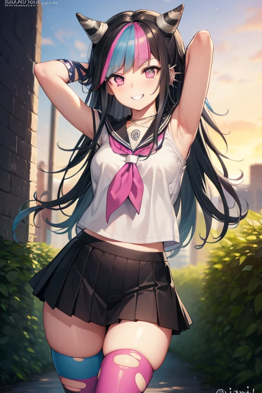 ibukimioda, ibuki mioda, black hair, blue hair, hair horns, ear piercing, lip piercing, long hair, multicolored hair, (pink eyes:1.5), pink hair, white hair,
BREAK asymmetrical legwear, black skirt, blue thighhighs, jewelry, mismatched legwear, neckerchief, necklace, piercing, pleated skirt, ring, school uniform, serafuku, shirt, skirt, thighhighs, torn clothes, torn thighhighs, zettai ryouiki,
BREAK looking at viewer,
BREAK forest, dark sky, {arms behind head}, contrapposto, spread armpit, grin, anime art style,
BREAK (masterpiece:1.2), best quality, high resolution, unity 8k wallpaper, (illustration:0.8), (beautiful detailed eyes:1.6), extremely detailed face, perfect lighting, extremely detailed CG, (perfect hands, perfect anatomy),
