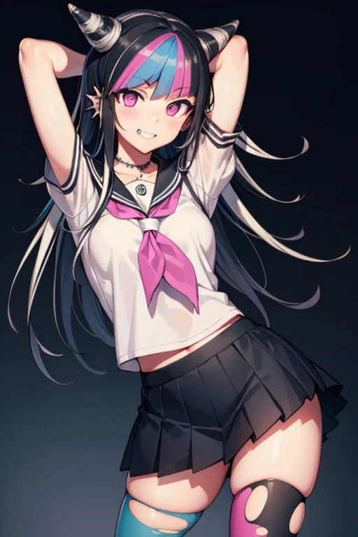 ibukimioda, ibuki mioda, black hair, blue hair, hair horns, ear piercing, lip piercing, long hair, multicolored hair, (pink eyes:1.5), pink hair, white hair,
BREAK asymmetrical legwear, black skirt, blue thighhighs, jewelry, mismatched legwear, neckerchief, necklace, piercing, pleated skirt, ring, school uniform, serafuku, shirt, skirt, thighhighs, torn clothes, torn thighhighs, zettai ryouiki,
BREAK looking at viewer,
BREAK forest, dark sky, {arms behind head}, contrapposto, spread armpit, grin, anime art style,
BREAK (masterpiece:1.2), best quality, high resolution, unity 8k wallpaper, (illustration:0.8), (beautiful detailed eyes:1.6), extremely detailed face, perfect lighting, extremely detailed CG, (perfect hands, perfect anatomy),