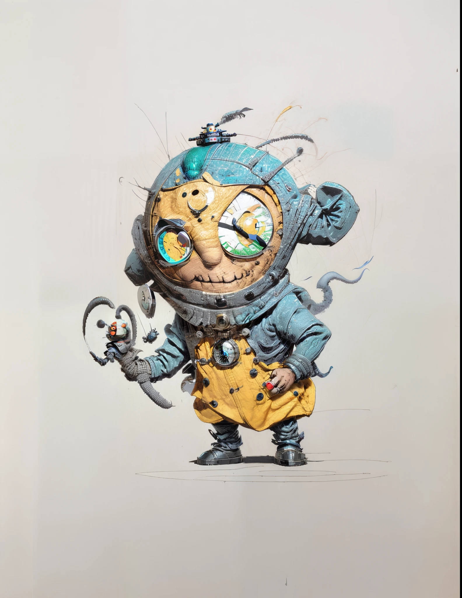 man with clock on face、Robot carrying backpack diagram, anthropomorphic robot [ thing ], creepy explorer sketch, portrait of a little man, octopus wearing a spacesuit, as an anthropomorphic turtle, gray anthropomorphic, Portrait of Spider-Man, Minions play Lovecraftian monsters, pencil doodle, Portrait of Lucha Libre DJ