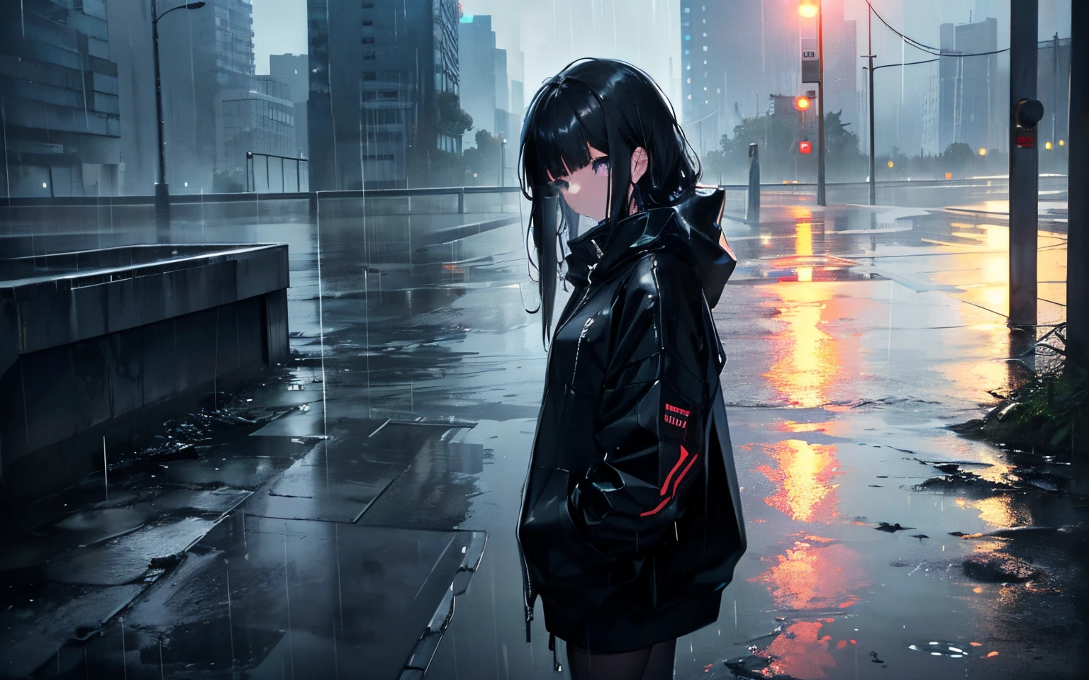 Cyberpunk lights Style, (((best quality))) perfect face:1.2) (view from a top angle:1.2) full body, (standing:1.2) a girl wearing a long sweatshirt, black sweatshirt, a girl wet from the rain (hands on pocket:1.2) (Black hair:1.2) (top angle:1.2) (3 vanishing points perspective:1.2)(heavy rain:1.2) (reflection on the water, low water level, stagnant water in the street, ), background realistic, 2112, (light*_black_particle (city:1.2) city pop vibes, (heavy rain:1.2)