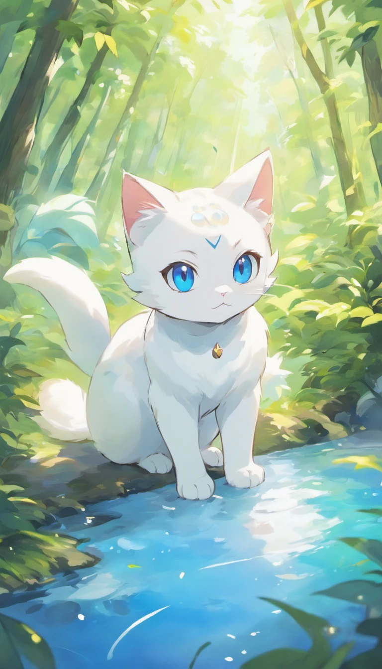 White cat、Blue eyes、In a forest with a fantastic lake、Elegance、narrow her eyes、Fantastical