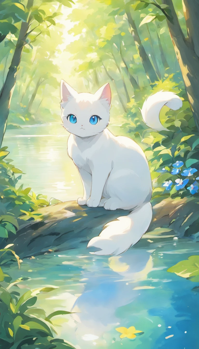 White cat、Blue eyes、In a forest with a fantastic lake、Elegance、narrow her eyes、Fantastical