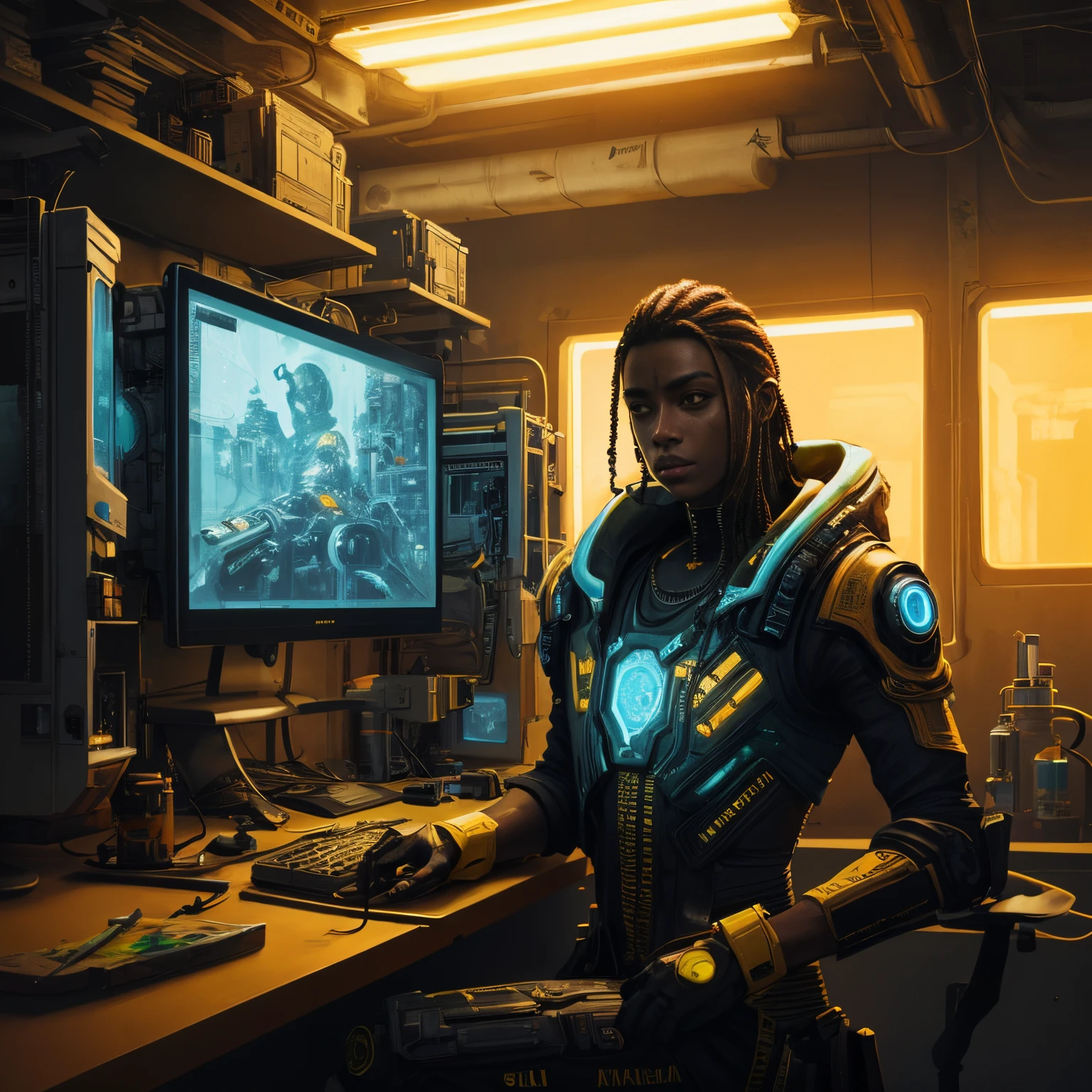 Um humano com pele laranja, cyberpunk laboratory environment, pintura digital de alta qualidade, detalhes intrincados, reference of great digital painting artists, 8k