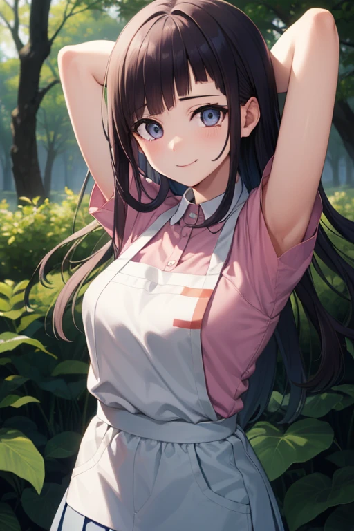 mikantsumiki, mikan tsumiki, long hair, purple hair, (purple eyes:1.1), bangs, blunt bangs, shy, smile
BREAK apron, bandaged leg, bandages, collared shirt, miniskirt, pink shirt, pleated skirt, puffy short sleeves, puffy sleeves, shirt, short sleeves, skirt, two-tone shirt, white apron, white shirt,
BREAK looking at viewer, solo, upper body, facing viewer, looking at viewer, forest, dark sky, {arms behind head}, contrapposto, spread armpit, nervous smile,
BREAK (masterpiece:1.2), best quality, high resolution, unity 8k wallpaper, (illustration:0.8), (beautiful detailed eyes:1.6), extremely detailed face, perfect lighting, extremely detailed CG, (perfect hands, perfect anatomy),