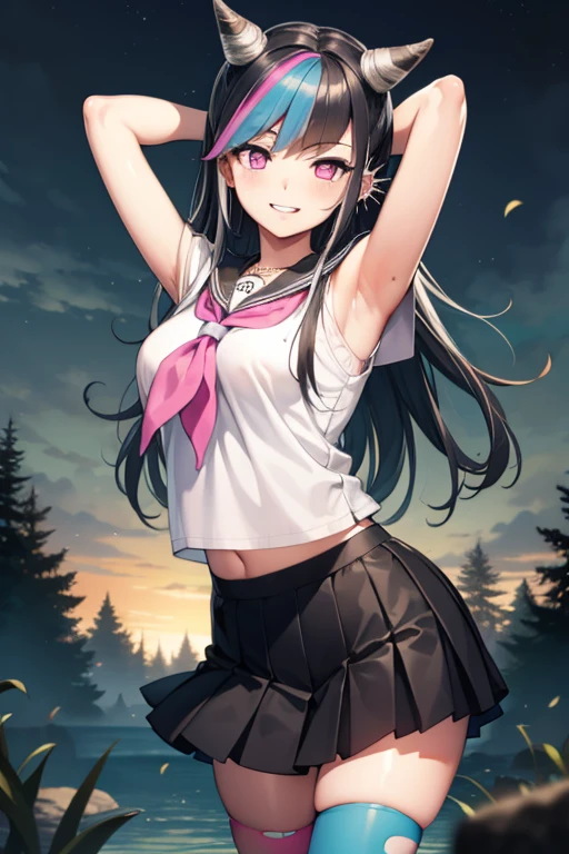 ibukimioda, ibuki mioda, black hair, blue hair, hair horns, ear piercing, lip piercing, long hair, multicolored hair, (pink eyes:1.5), pink hair, white hair,
BREAK asymmetrical legwear, black skirt, blue thighhighs, jewelry, mismatched legwear, neckerchief, necklace, piercing, pleated skirt, ring, school uniform, serafuku, shirt, skirt, thighhighs, torn clothes, torn thighhighs, zettai ryouiki,
BREAK looking at viewer, 
BREAK  forest, dark sky, {arms behind head}, contrapposto, spread armpit, grin, anime art style,
BREAK (masterpiece:1.2), best quality, high resolution, unity 8k wallpaper, (illustration:0.8), (beautiful detailed eyes:1.6), extremely detailed face, perfect lighting, extremely detailed CG, (perfect hands, perfect anatomy),