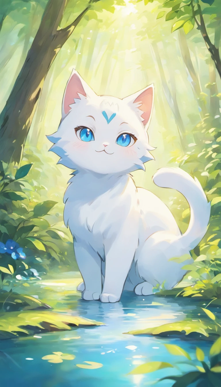 White cat、Blue eyes、In a forest with a fantastic lake、Elegance、narrow her eyes、Fantastical