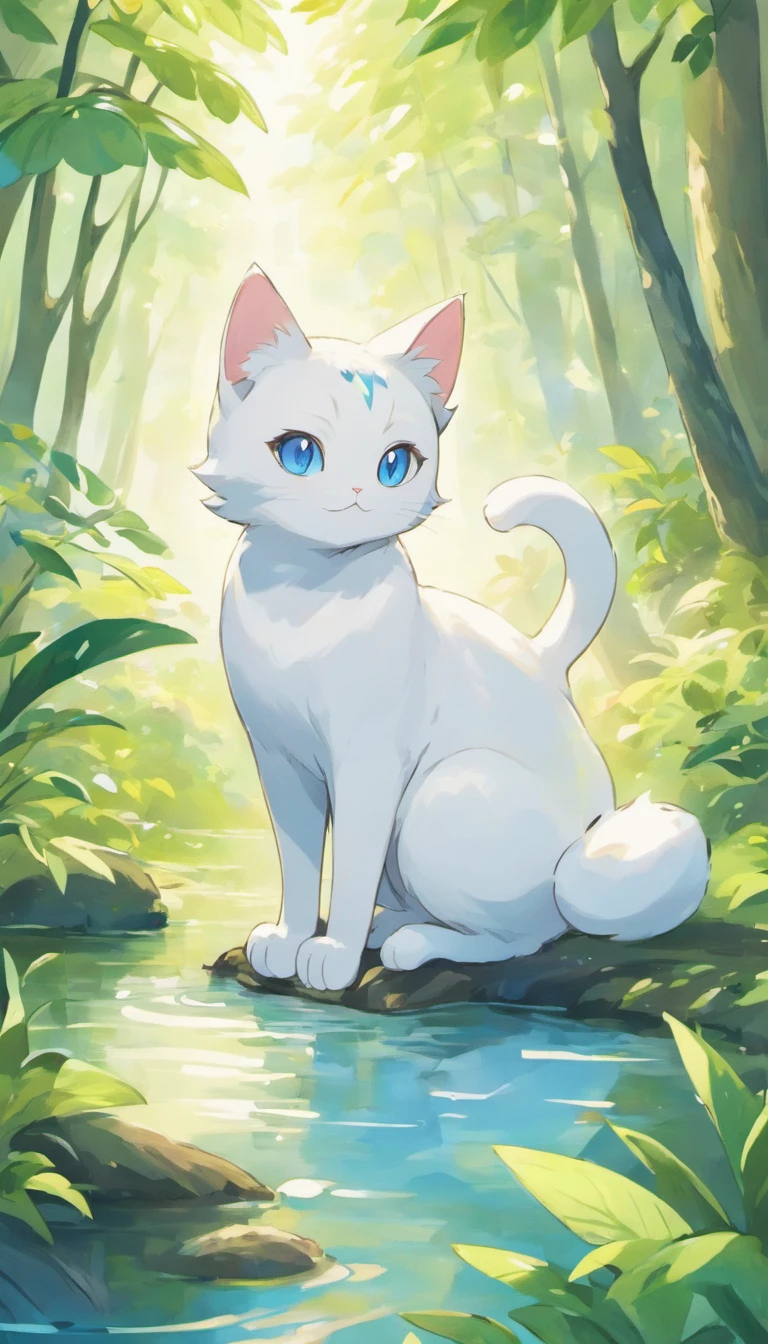 White cat、Blue eyes、In a forest with a fantastic lake、Elegance、narrow her eyes、Fantastical