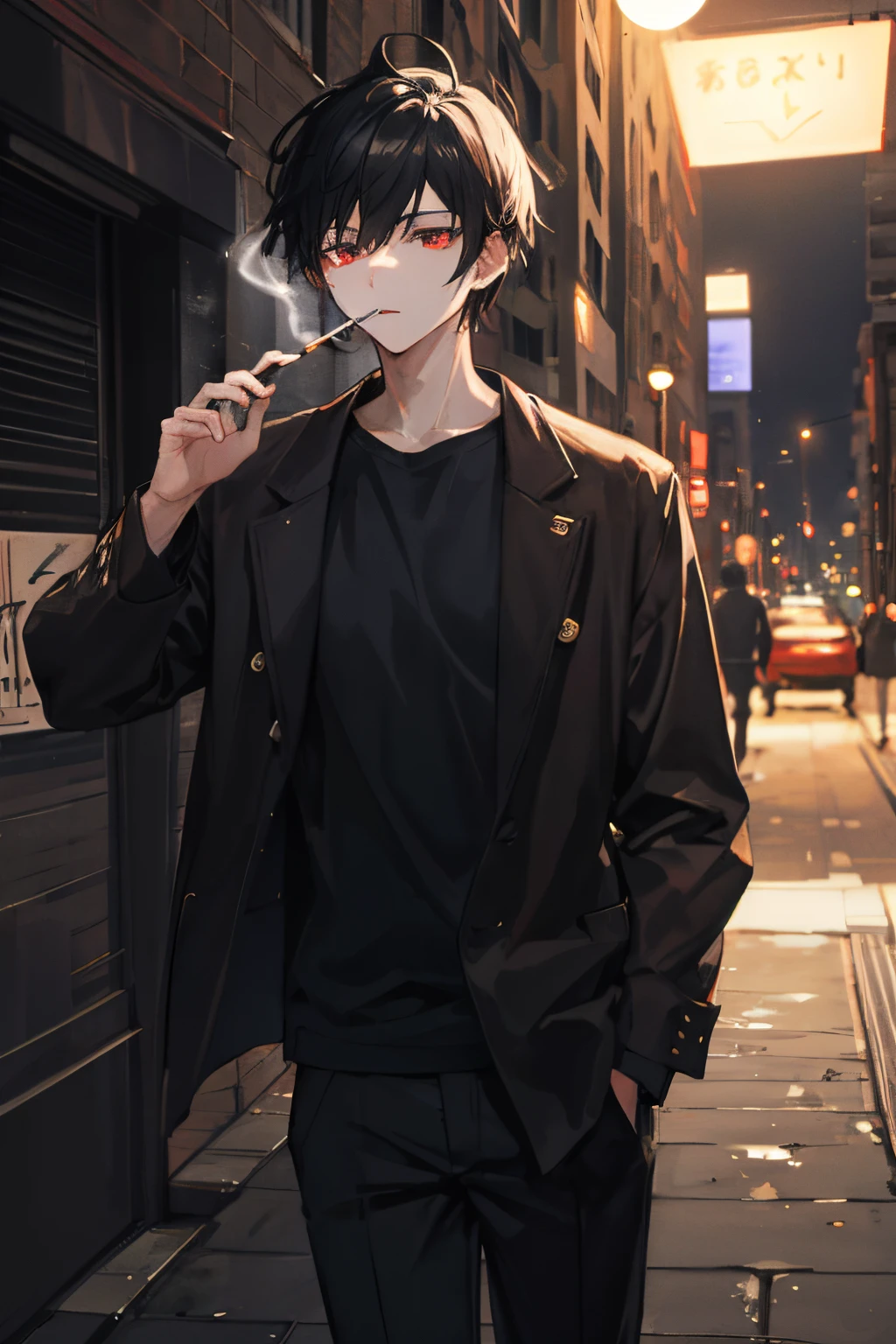 a young man, black hair, brown eyes, is in a well-lit city, at night, he is smoking a cigarette, and in his shadow he has the shape of a wolf with red eyes