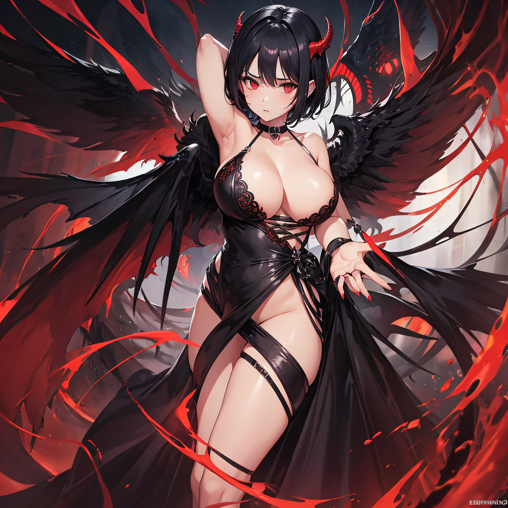 1girl, short hair, Asas do Diabo, Asas Negras, asas detalhadas, Demonic Girl, celestial, angelic, shining, alta qualidade, 4k, UHD, peitos, Peitos grandes, peitos detalhados, olhos vermelhos, red irises, Olhos detalhados, mulher alta, Standing, vermelho, paleta vermelha, cabelos pretos, luz vermelha escura no fundo, fundo escuro, pouca roupa, Poucas Roupas, usando trapos, Demon Lord, noite escura, short hair, short hair, beautiful young lady,  escura, pele escura, vermelho brilhante