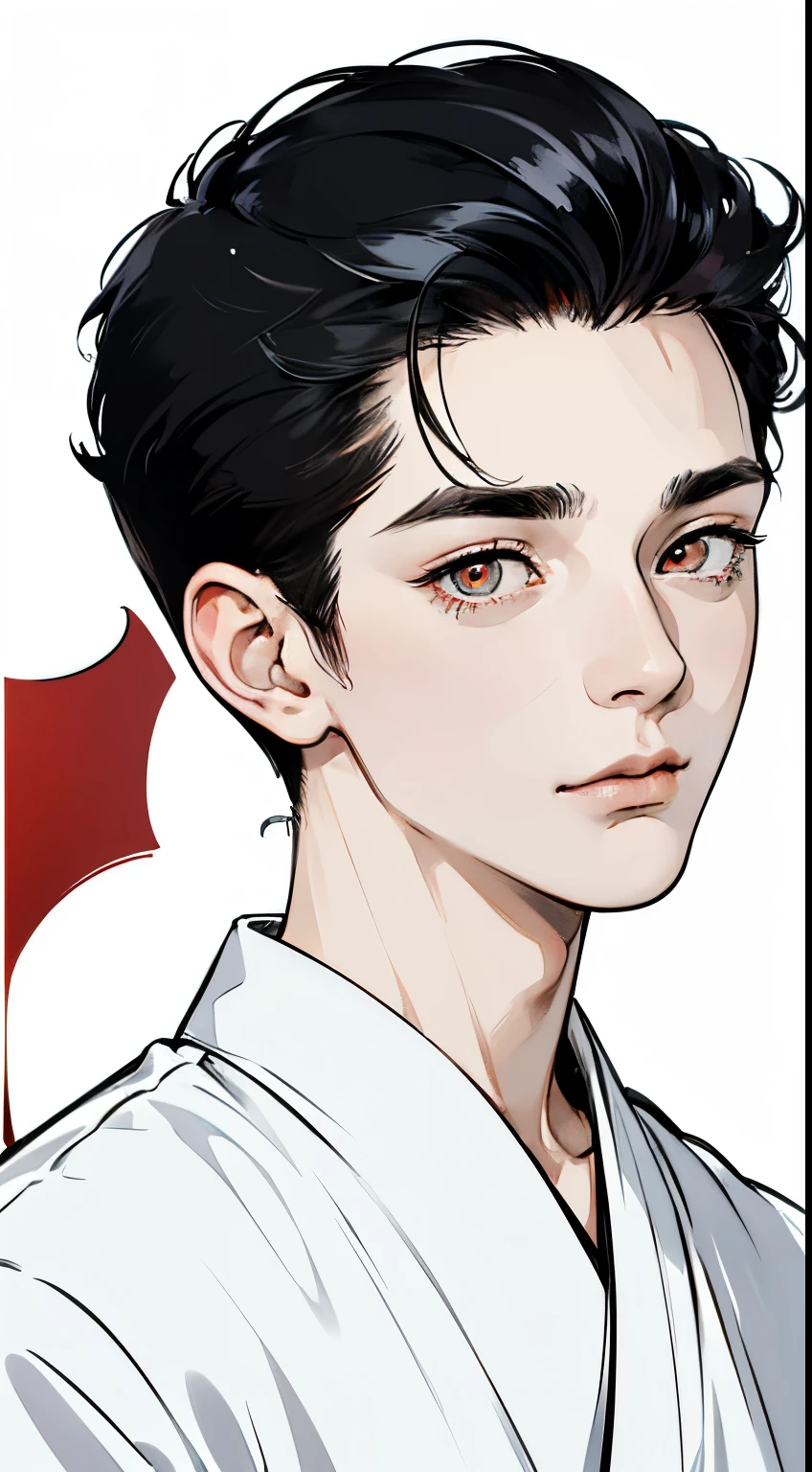 (((best quality, high quality))), ((Masterpiece)), ((((UHD, highres))), (((portrait))), It's like a cartoon in Japan, (((1 man))), Clear facial features, Simple line design, Transparent background, (masterpiece, top Quality, best quality, Clear facial features, beautiful eyes, (((simple detailed))) (((white background))), (((red eyescolor))), ((black hair color))), Fierce, fearsome, suit, mafia boss, handsome, undercut hairstyle, short hair,