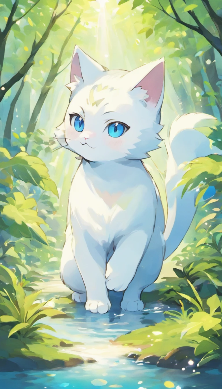 White cat、Blue eyes、In a forest with a fantastic lake、Elegance、narrow her eyes、Fantastical