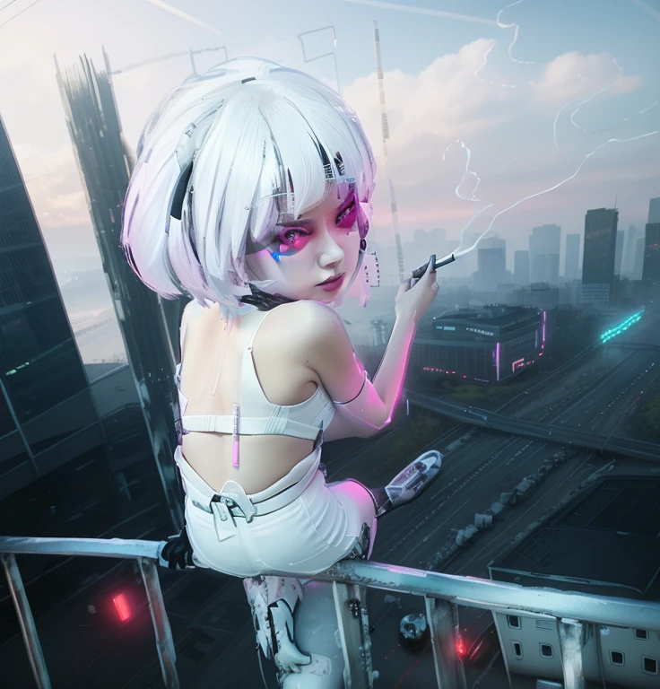 A girl sits on the railing and looks at the car below,smokes,in city,cyber punk style,Girly frontline style,The whites of the eyes are white
