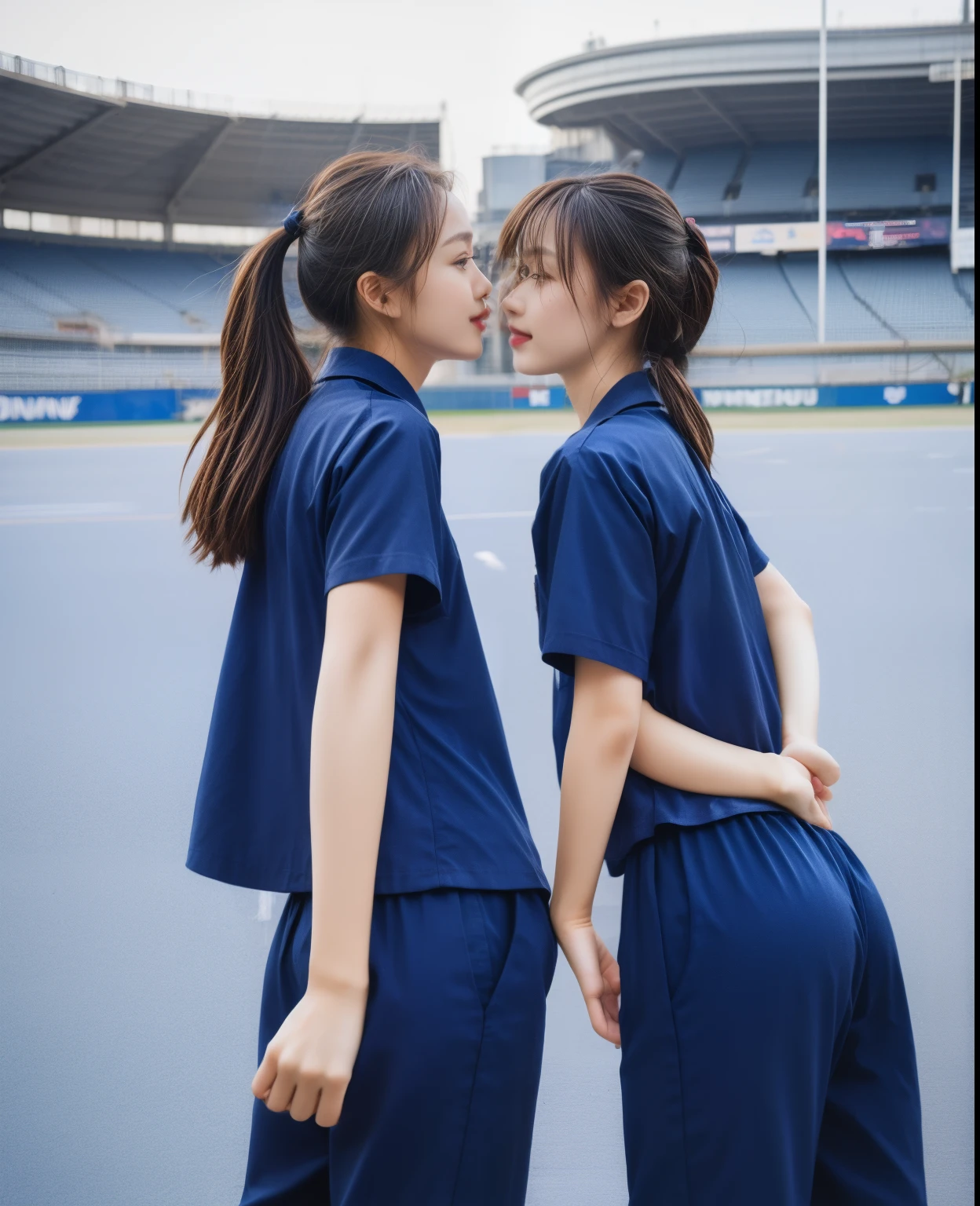 (bestquality,10,10,highres,masterpiece:1.2),ultra-detail,(Realistic,photorealistic portrait,photo-realistic:1.37),1 Cute girl in the football field,oily shiny skin,bara,light smile,BDclothes,((blue shirt:1.3)),short sleeves,shirt, trousers.,(navy_long_Pants Track:1.1), ((Stadium Background:1.3)),dynamic angle,excited,face focus,Dynamic Poses,from behide,Ass Focus,masterpiece, bestquality, ultra realistic, hyper-detail, 8k resolution, RAW photo, crisp focus, ((Navy blue shirt:1.1)), short sleeves, Long Path, Perfect body, 2 mature women, 18yo, cinematic light,Blue sweatpants,Gymware,Correct anatomy,Complete body, Correct body, sharp face, Anatomically correct body, full entire body, Realistic gestures, long-haired, Realistic poses,Wear long shorts................,Long leg span,Shapely,Sculpting Girl, Slender Figure, mannequin mannequins, Shapely, Beautiful body,Blue sweatpants, Two girls kissing