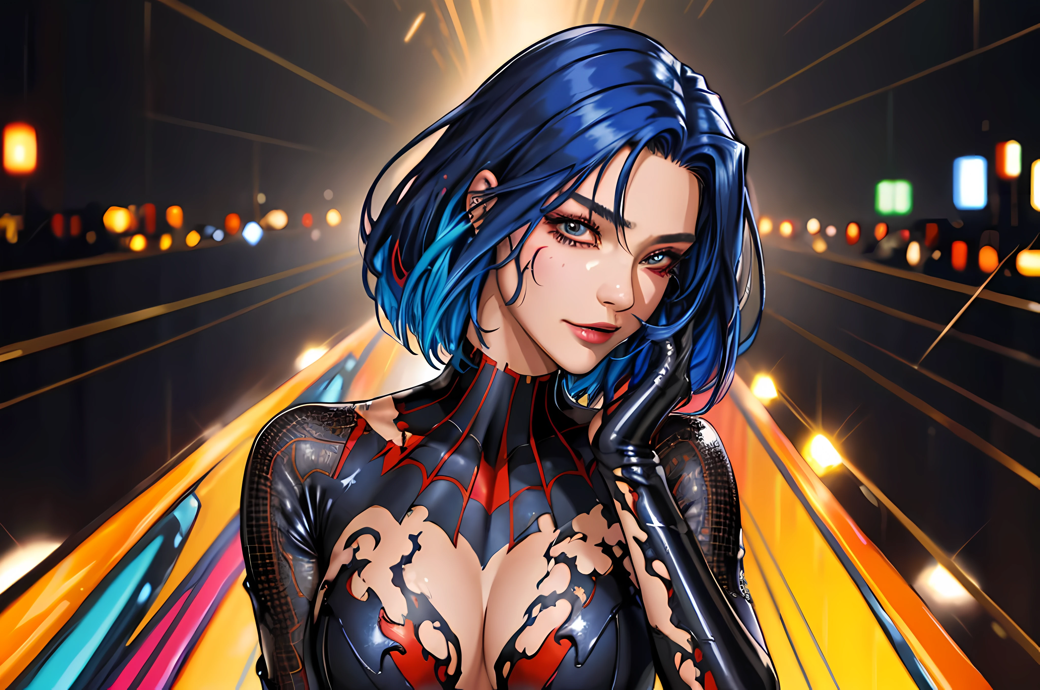 (best quality, masterpiece, colorful, dynamic angle, highest detailed) upper body photo, fashion photography of cute, dark blue hair with black highlights, torn spiderman suit,(ultrahigh resolution textures), in dynamic pose, bokeh, glowing web, (intricate details, hyperdetailed:1.15), detailed, light passing through hair, colorful art flat background(official art, extreme detailed, highest detailed), calmart, revealing clothes, coquettish, black streaks in hair, living clothes, shiny skin, dripping in fluids, dark makeup