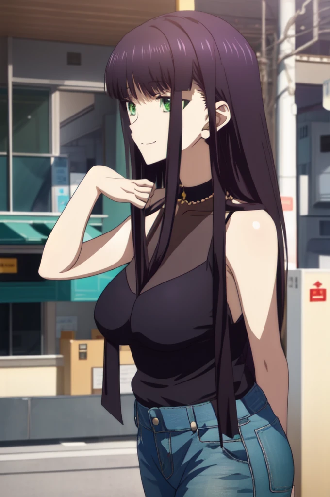 Connect UHD and 8K, hight resolution,Very detailed CG, High quality shadows, Detail Beautiful delicate face, Detail Beautiful delicate eyes,BREAK(Very detailed 8k wallpaper),(Highly detailed CG 8K wallpaper),Makima (chain saw man),Sukasaha (Fate/grand order),Shimohira Reihua ,Hi-Res,Very delicate and beautiful CG illustration,top-quality,Realistic skin feeling,Realistic fabric,Realistic texture,beautiful thigh,big breasts thin waist,(((masutepiece))), (((Best Quality))),8K,32K,masterpiece,beautiful alluring anime woman,ultra-definition,ultra-detailliert,hight resolution,a hyperrealistic schoolgirl,masuter piece, Best Quality, High quality, High Definition, high quality texture, high quality shadow, high detailing,finely detail,1girl in,High school students,Solo,Soio,Only one person,Alone,One Person,tall,AS-Adult,Mature atmosphere,Leg length,neat and long legs,8 Head Body,stature:171cm,Mature girls,Reddish-purple hair,Reddish-purple hair,Purple hair,cassis colored hair,silky and smooth hair,Colorful hair,Straight hair,Smile,Smiling happily,lively expression,Cute smile,Cool Beauty,Beautuful Women,Neat face, Beautiful realism,Seductive look,Bewitching look,serene expressions,beautiful hairl,She wears a necklace around her neck,Necklace,bead necklace,magatama accessories,A slight smil,Colorful eyes,green colored eyes,Jade-colored eyes,beautidful eyes,Bright eye,Delicat eyes,Eyes Like Gems,Jade Eyes,Hanging eyes,(Green eyes:1.5),Seductive face,,Sleeveless,turtle neck,Sweaters,JINS,Blue Denim Pants,Women's Bags,Shoulder back,during daytime,Urban area,Walking,holiday,takeout,Bustling street,lo fashion,blue-sky,Building Street,Model photo,lunch,out,takeout,Watching the viewer,Looking at the camera,