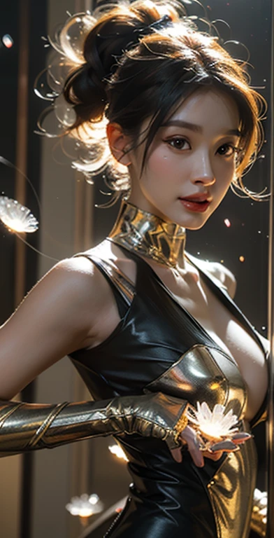 a glowing head made of glass and a glowing body made of glass, beautiful face, detail face, full body, long legs, nice smile, good arms and hands, pink neon glowing lights, amazing particles pulling out of the glass head and body, like droplets of glass floating, 8k highly detailed digital art, intricate artwork, octane render, mind-bending digital art, breathtaking digital art, 3d digital art, 8k hd wallpaper, volumetric lighting, highly reflective glass particles