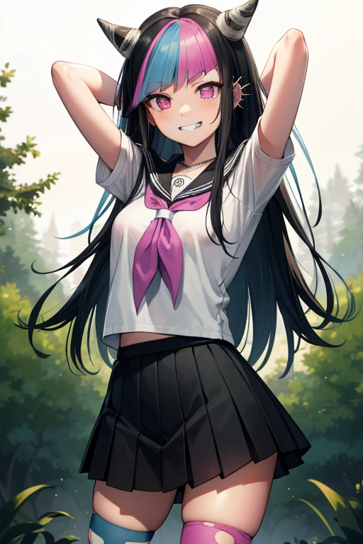 ibukimioda, ibuki mioda, black hair, blue hair, hair horns, ear piercing, lip piercing, long hair, multicolored hair, (pink eyes:1.5), pink hair, white hair,
BREAK asymmetrical legwear, black skirt, blue thighhighs, jewelry, mismatched legwear, neckerchief, necklace, piercing, pleated skirt, ring, school uniform, serafuku, shirt, skirt, thighhighs, torn clothes, torn thighhighs, zettai ryouiki,
BREAK looking at viewer, 
BREAK  forest, dark sky, {arms behind head}, contrapposto, spread armpit, grin, anime art style,
BREAK (masterpiece:1.2), best quality, high resolution, unity 8k wallpaper, (illustration:0.8), (beautiful detailed eyes:1.6), extremely detailed face, perfect lighting, extremely detailed CG, (perfect hands, perfect anatomy),