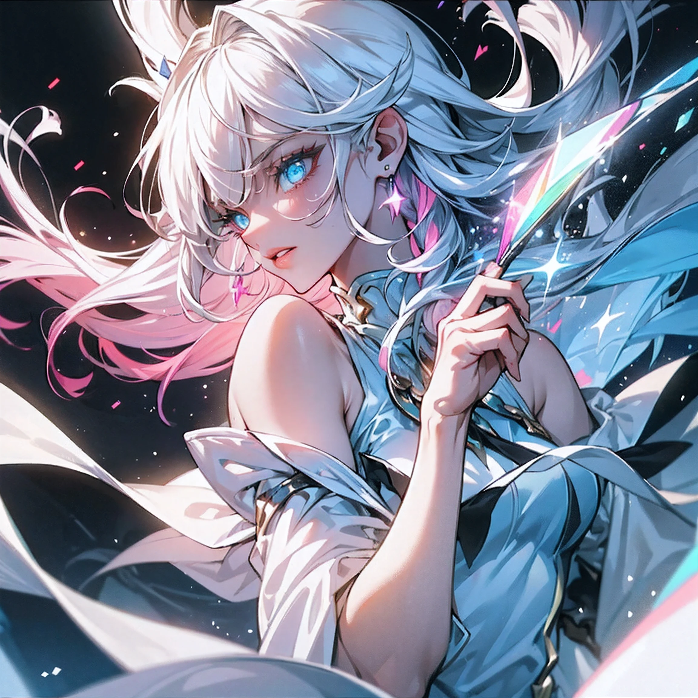 masterpiece, best quility, high_quality, high_resolution, masterpiece*portait, whitespace, colorful, 1girl, solo, white_hair, prism hair, [pink|green] eyes, gradient eyes, multicolored eyes, glowing eyes, glowing, glitter, glowing white particles, wind lift, full_body, serious,