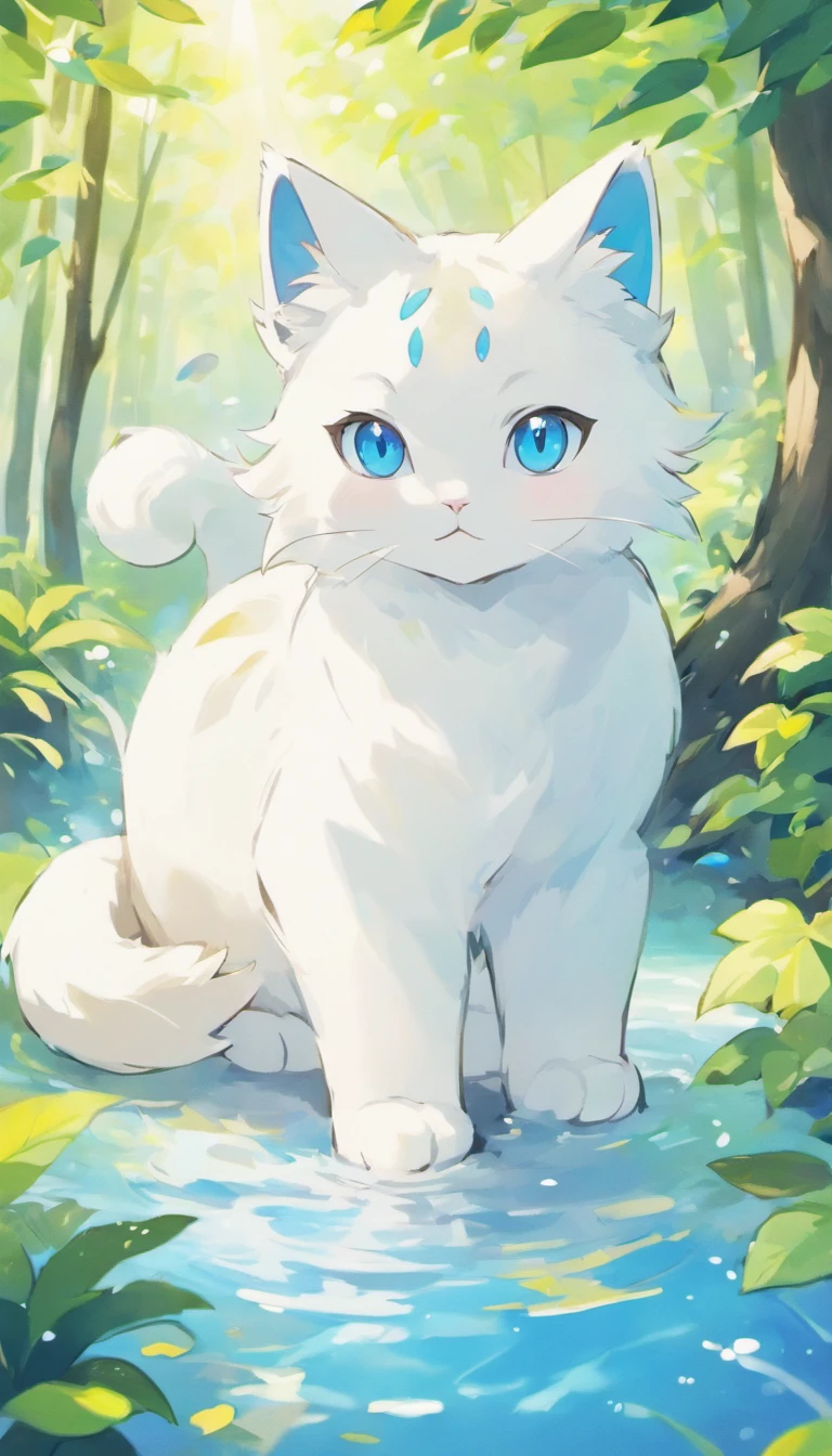 White cat、Blue eyes、In a forest with a fantastic lake、Elegance、narrow her eyes、Fantastical