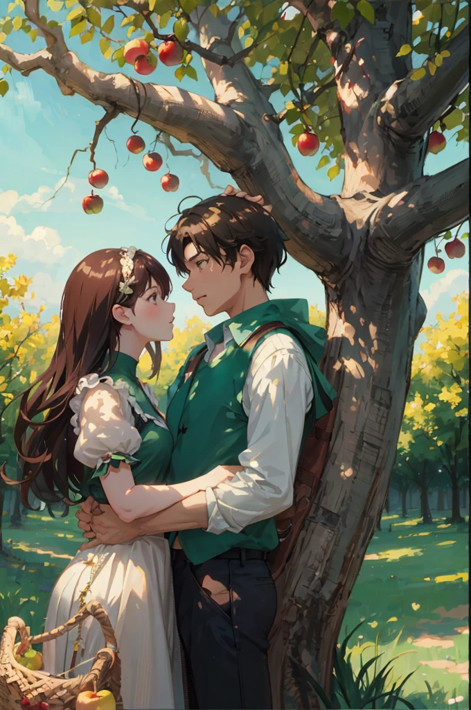 anime couple in a park under a tree with apples, Art not Guweiz style, anime exuberante john 8k madeiras, Kawacy, Guweiz, Artgerm e Atey Ghailan, Fanart de alta qualidade, Guweiz e Makoto Shinkai, Sakimichan e Makoto Shinkai, Fanart oficial, standing in an apple orchard