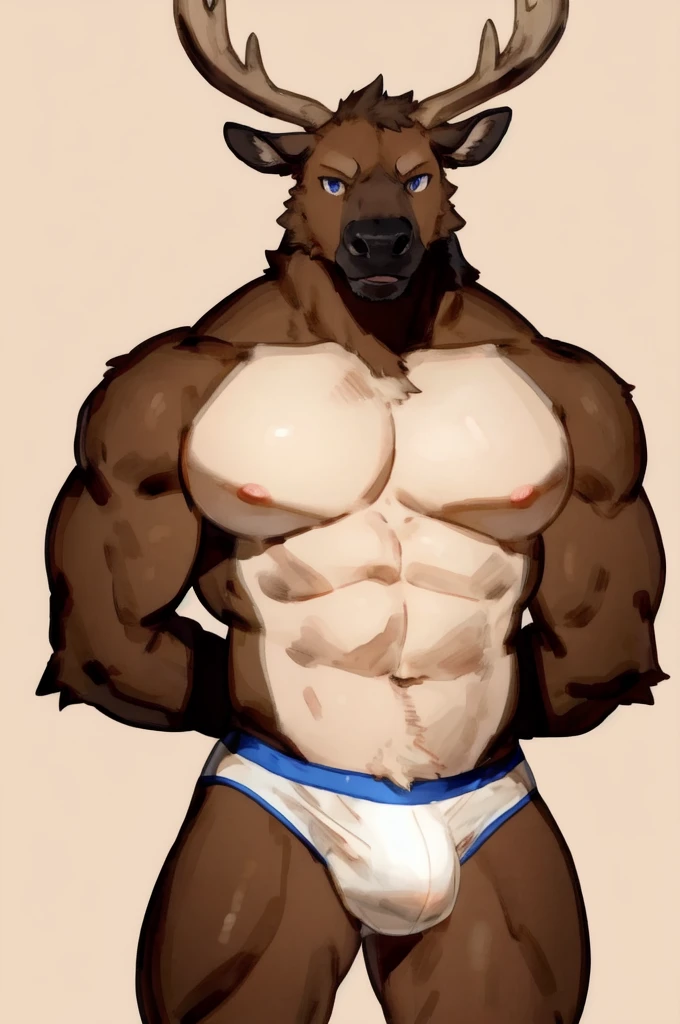 Solo, Furry, Anthro, Elk, Male, E621, Standing, Muscular, Hands behind back, Wearing underwear, Plain background, Front view, Light skin tone, By buta99