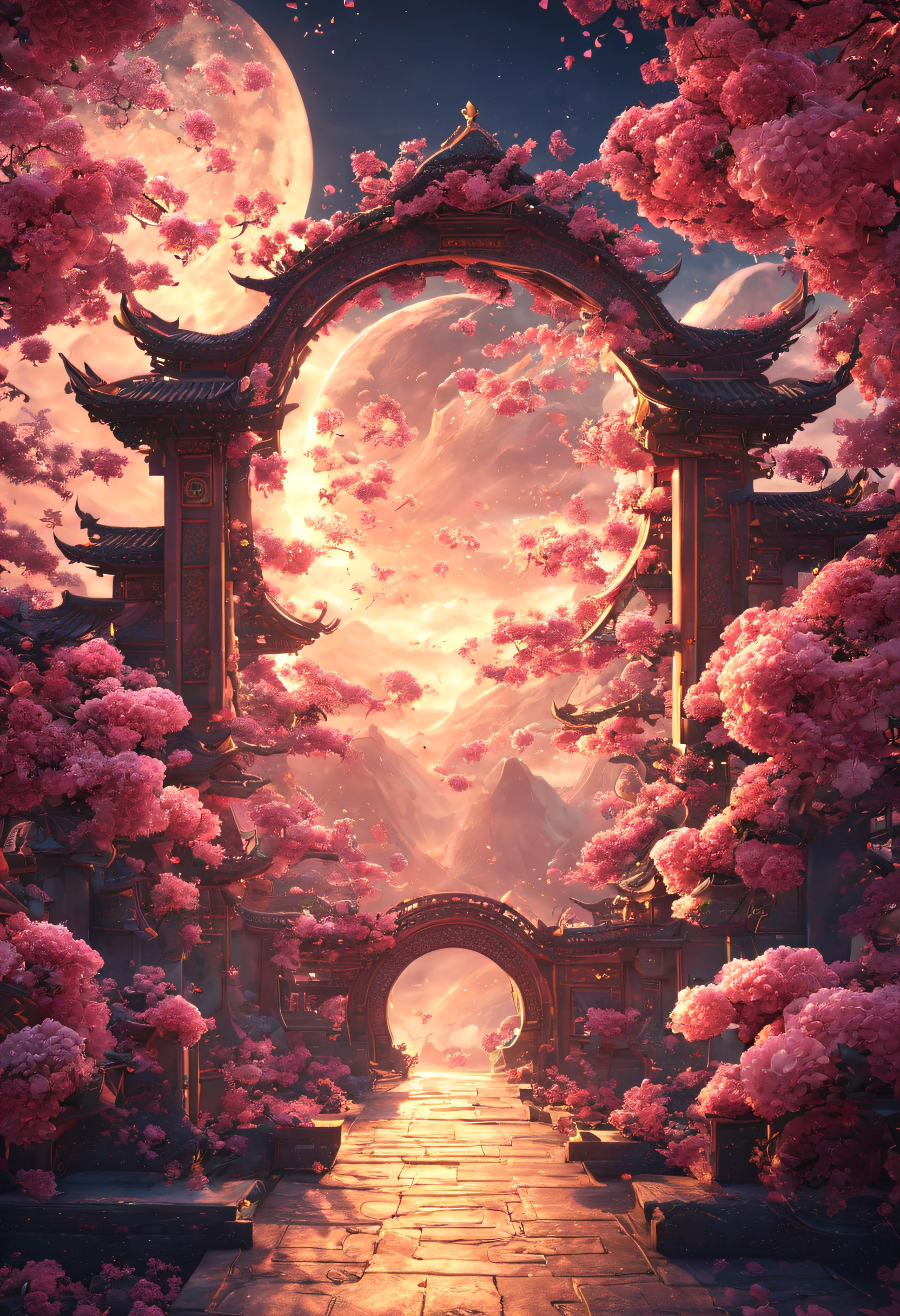 Gorgeous mythical south gate, CG rendering Chinese style, overlooks, mito, wonderland, clear bright rose, Efeito de Luz, dream, starrysky, super detailing, illustratio, 16K Unreal Engine, ethereal clouds. 16K resolution,  8K分辨率, Moon, HD 16K processing,,HD --AR 9:16