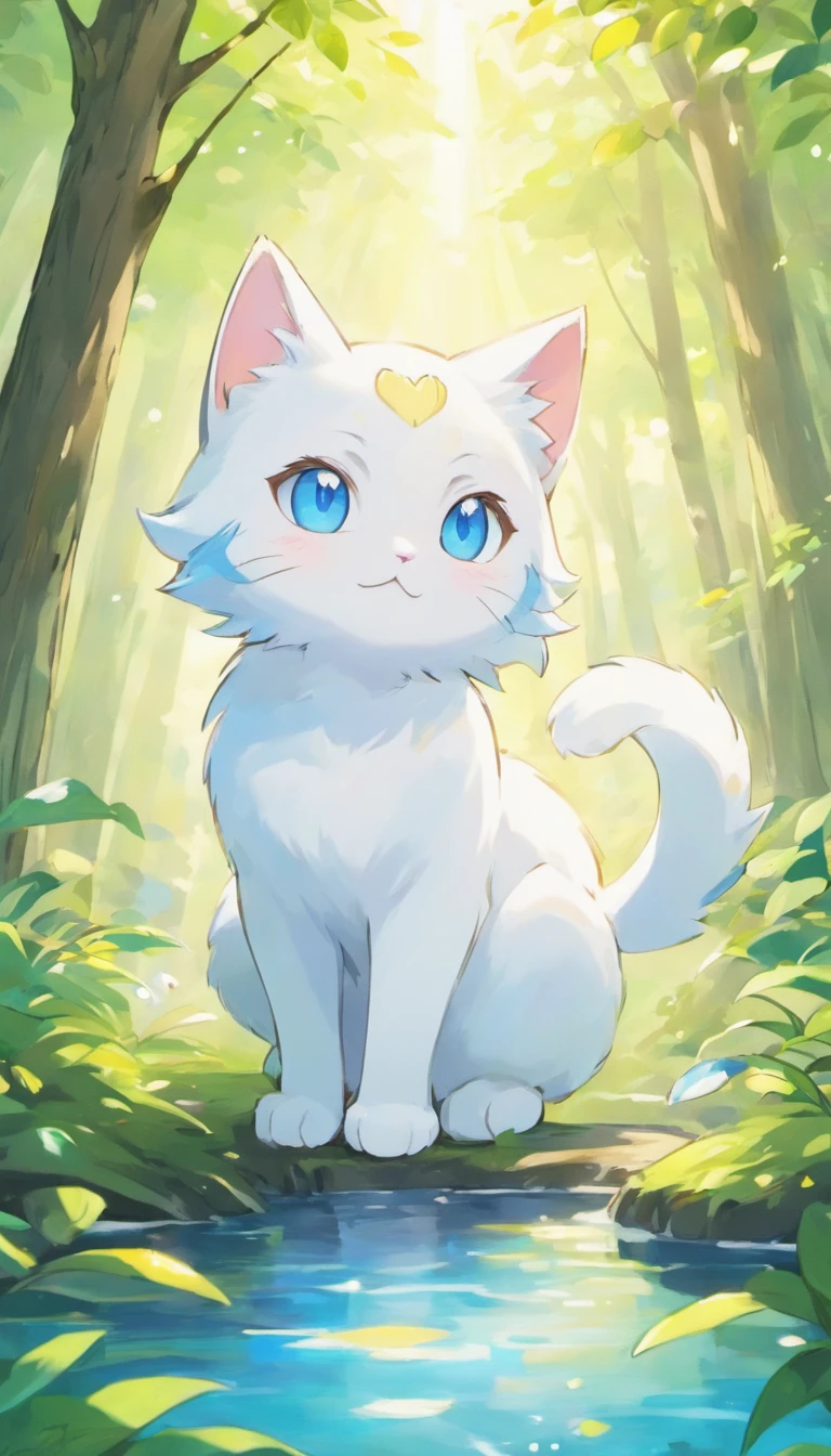 White cat、Blue eyes、In a forest with a fantastic lake、Elegance、narrow her eyes、Fantastical