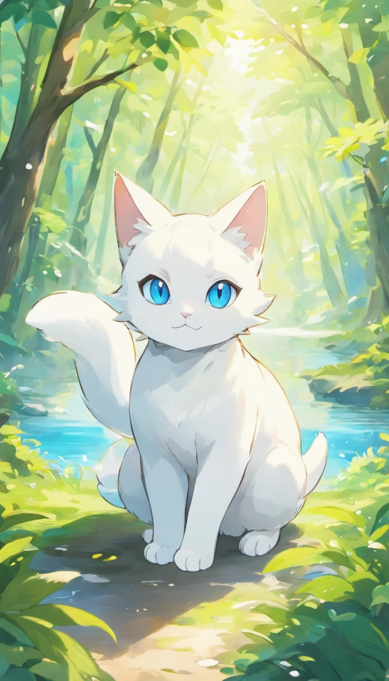 White cat、Blue eyes、In a forest with a fantastic lake、Elegance、narrow her eyes、Fantastical