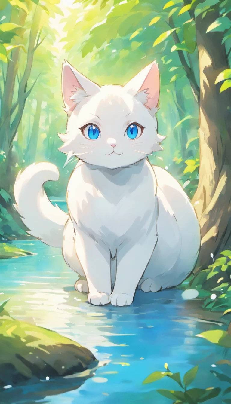 White cat、Blue eyes、In a forest with a fantastic lake、Elegance、narrow her eyes、Fantastical