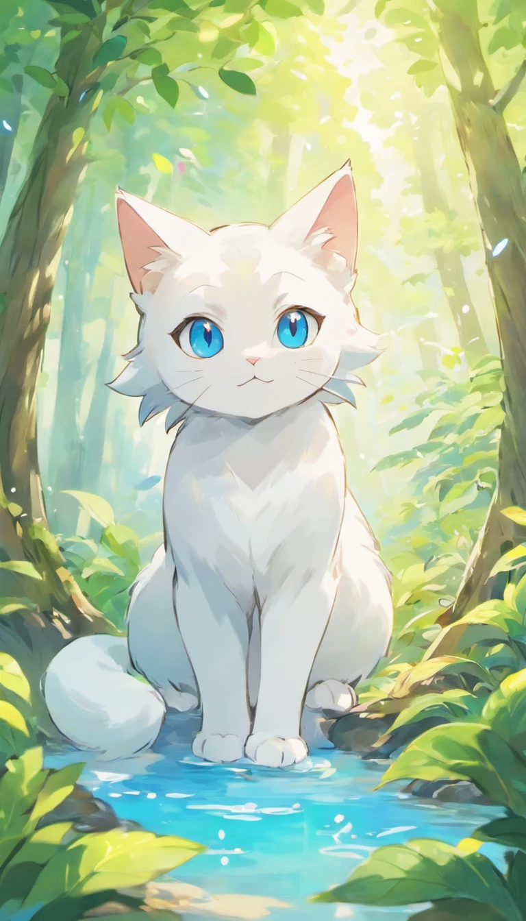 White cat、Blue eyes、In a forest with a fantastic lake、Elegance、narrow her eyes、Fantastical