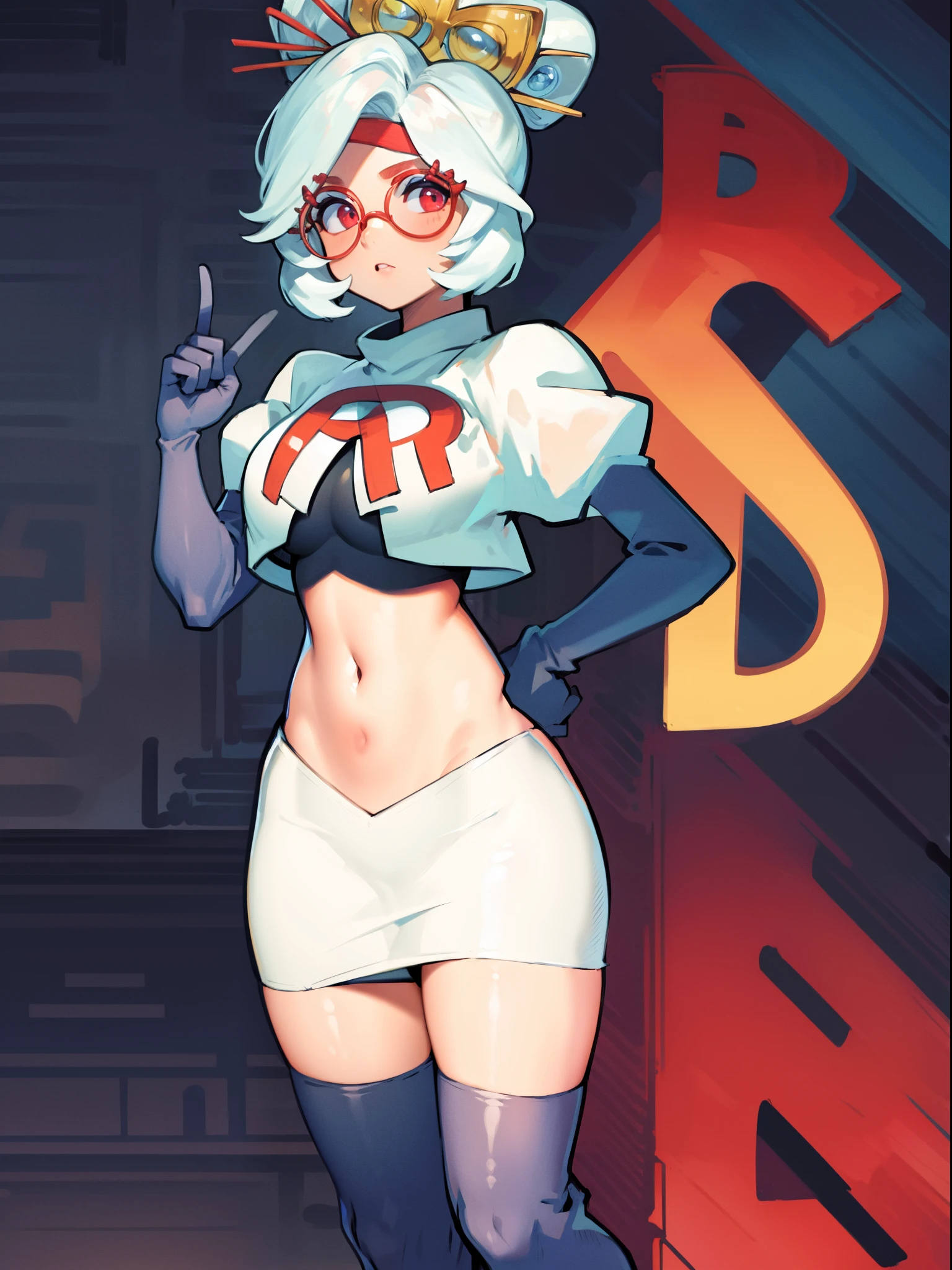Navy blue work style dress, glasses, yellow hair, red mesh, eye shadow, red lipstick, checking the gas meter, short skirt, plump, waist, tight clothes, blushing, embarrassed, facing towards me, hands behind her back. Assemble,