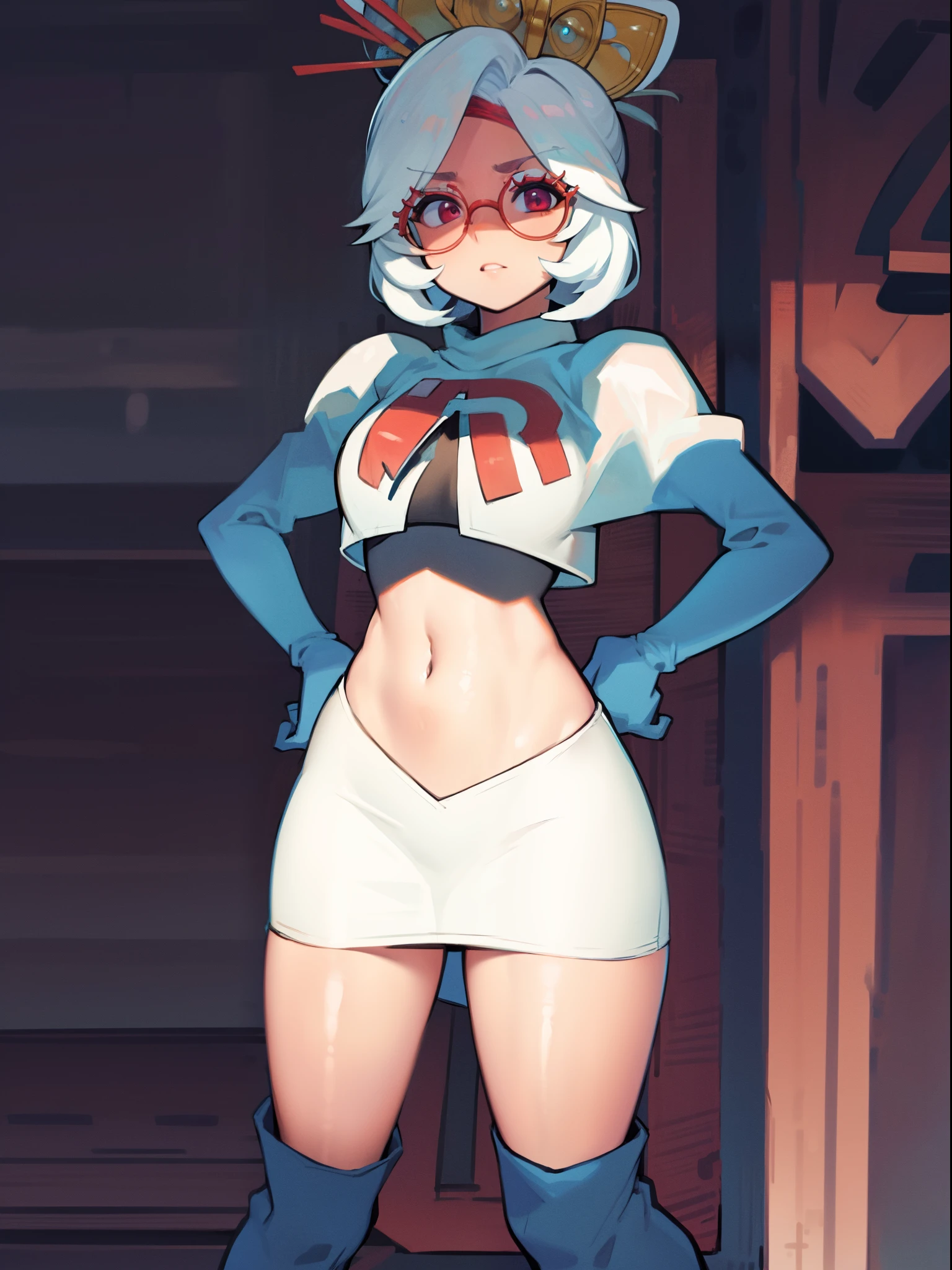 masterpiece, best quality, purah, red glasses, hair ornament,1girl,team rocket,team rocket uniform, red letter R, white skirt,white crop top,black thigh-high boots,black elbow gloves, hand on hips,