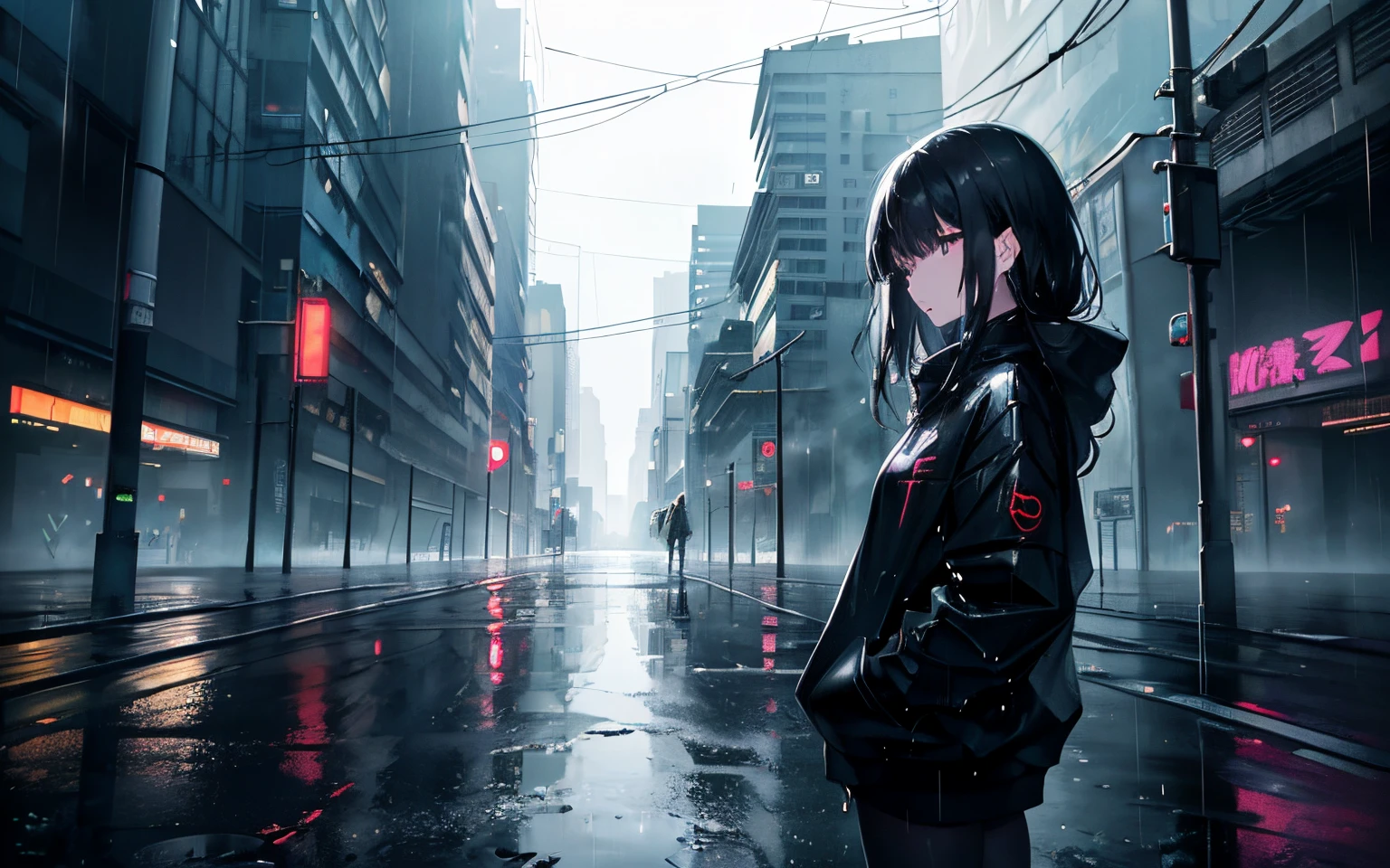 Cyberpunk lights style, (((best quality))) perfect face: 1.2) (top angle view: 1.2) (top angle: 1.2) top view, full body, (standing: 1.2) a girl wearing a long sweatshirt, black sweatshirt, a girl wet from the rain (hands in pocket: 1.2) (Black hair: 1.2) (top angle: 1.2) (3 vanishing point perspective: 1.2) (rain strong: 1.2) (reflection in water, low water level, stagnant water in the street,) , realistic background, 2112, (light*_black_particle (city:1.2) city pop vibes, (heavy rain:1.2)