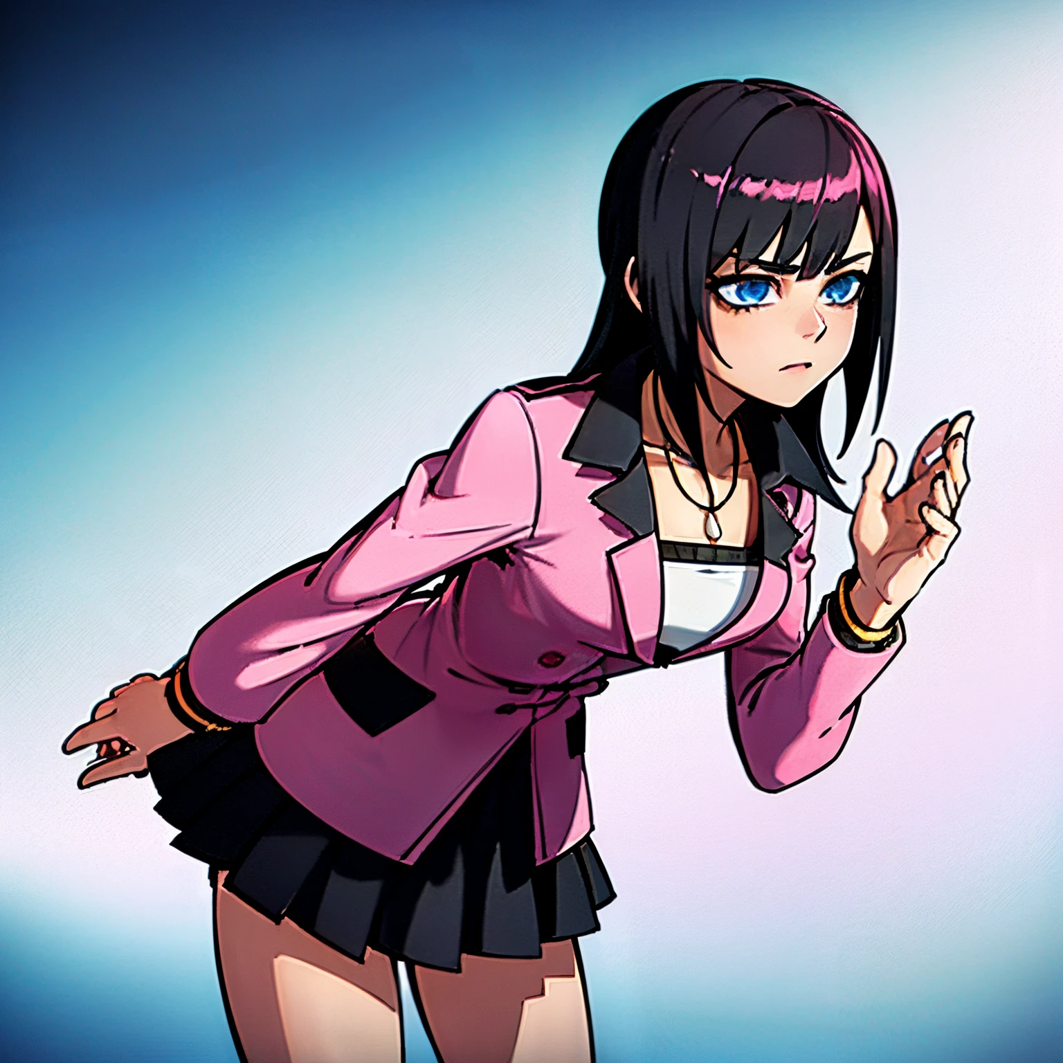 (masterpiece, best quality)), (1girl), (solo), (female focus), young girl, black hair, blue eyes, pink letter jacket, black skirt, silver necklace, european city, 4k, masterpiece, accessories, female death appearance, highly detailed, 8k resolution