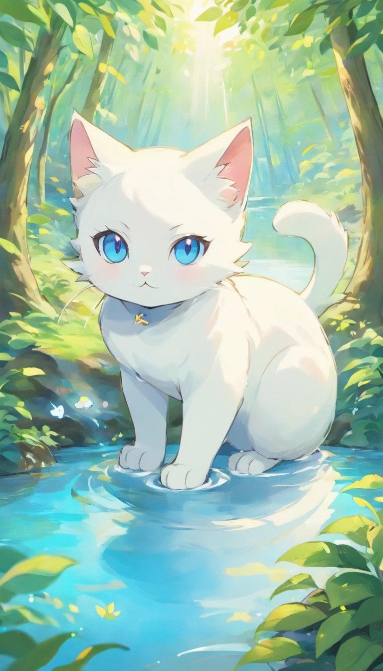 White cat、Blue eyes、In a forest with a fantastic lake、Elegance、narrow her eyes、Fantastical、hali々and has、Condescending