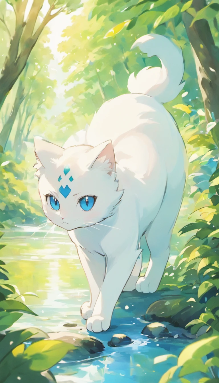 White cat、Blue eyes、In a forest with a fantastic lake、Elegance、narrow her eyes、Fantastical、hali々and has、Condescending