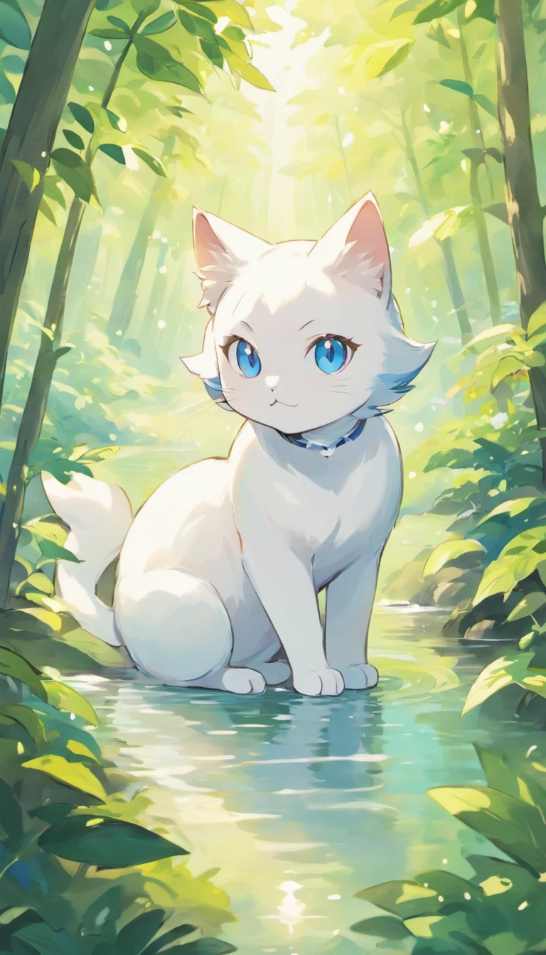 White cat、Blue eyes、In a forest with a fantastic lake、Elegance、narrow her eyes、Fantastical、hali々and has、Condescending