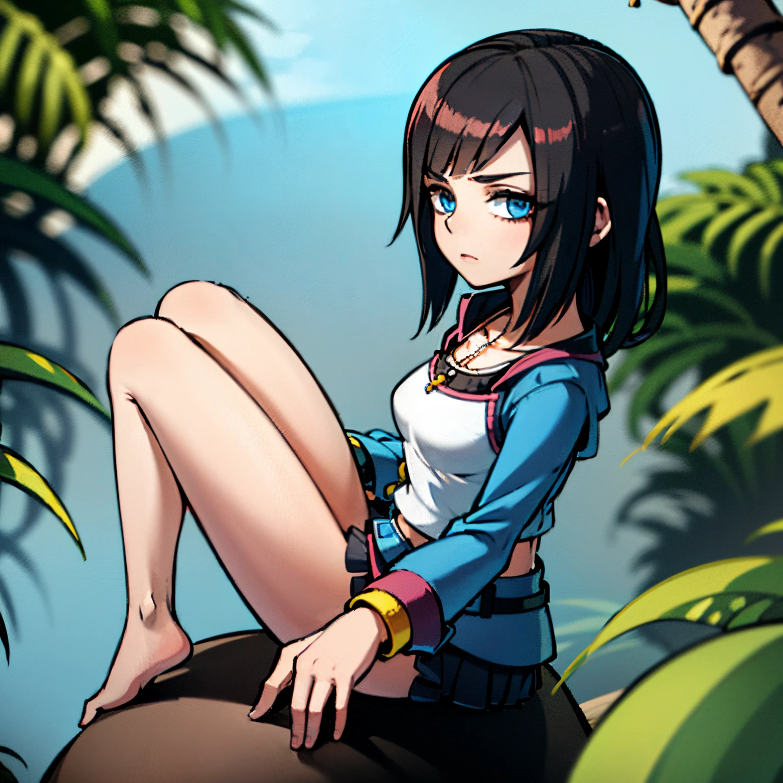 (masterpiece, best quality)), (1girl), (solo), (female focus), young girl, black hair, blue eyes, pink letter jacket, black skirt, silver necklace, in a beach, 4k, masterpiece, accessories, looking at viewer, , female death appearance, dynamic angle, highly detailed, 8k resolution