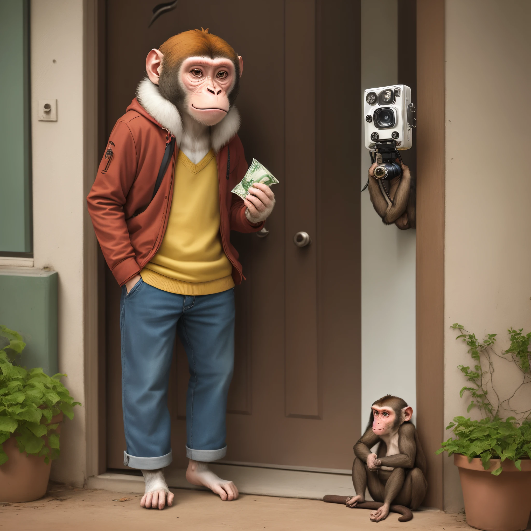 A monkey holding money in front of a door camera