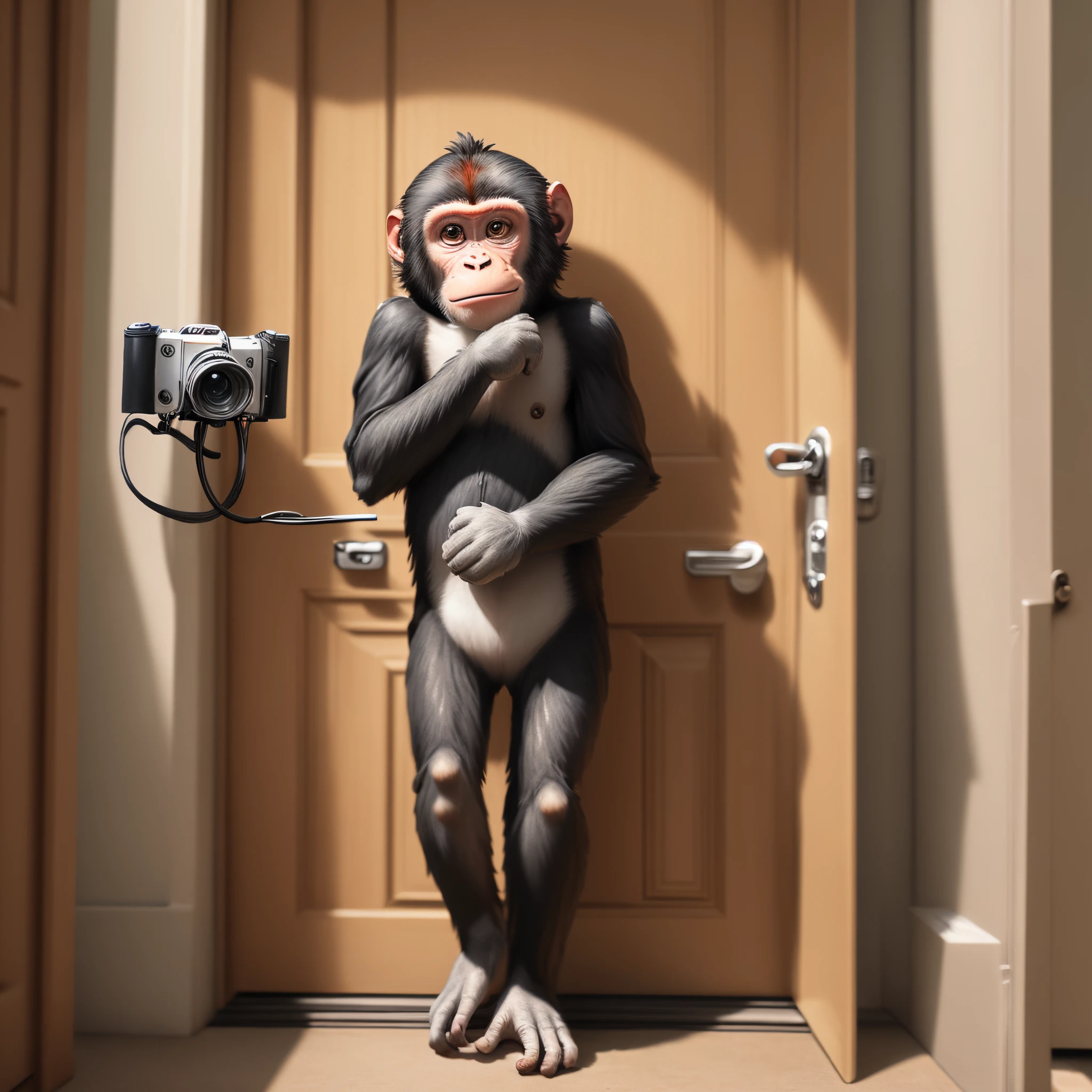 A monkey holding money in front of a door camera