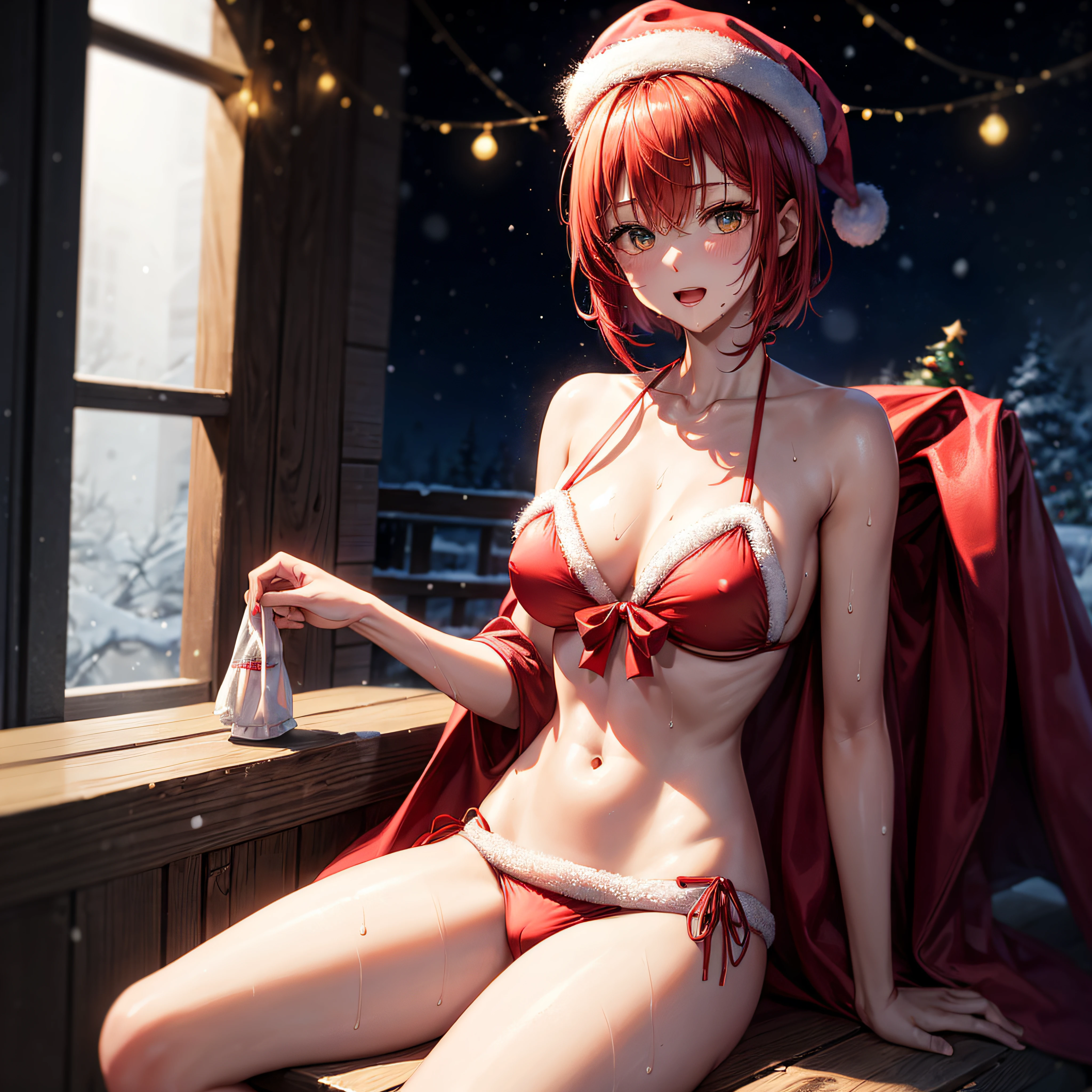 realisitic、top-quality、Slender beauty、straight haired、(Red hair)、short-hair、E-cup、28 year old、Santa Claus Costume、((red santa claus bikini))、White High Socks、Santa Claus hat、&#39;cloak of、Christmas、Naughty Poses、Christmas tree、Winter scene、illuminations、((Slouching))、My crotch is wet