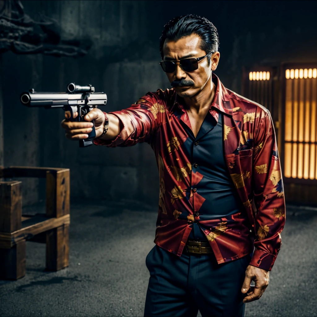 50 years old，Hidetoshi Nakata ，（Kogoro Mouri 1.3), a man in a red Hawaiian shirt, ray ban sunglasses, mustache，little beard, holding gun, shooting, combat, chaos, war crime, masterpiece，4k hd