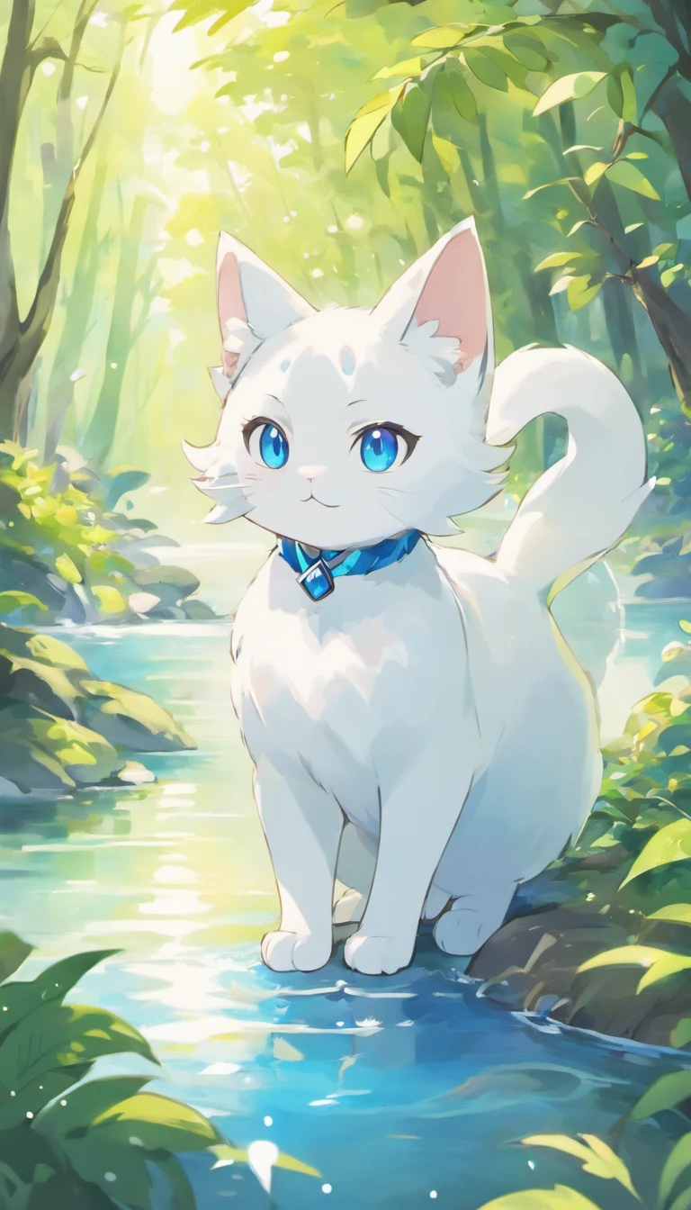 White cat、Blue eyes、In a forest with a fantastic lake、Elegance、narrow her eyes、Fantastical、hali々and has、Condescending
