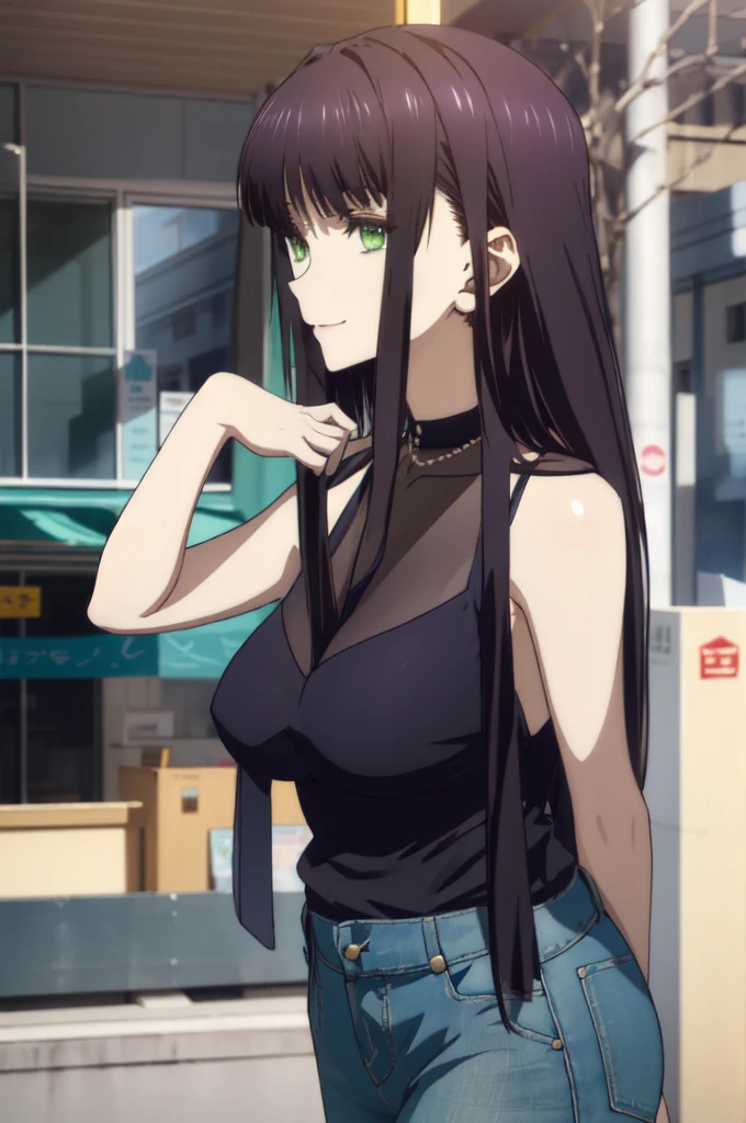 Connect UHD and 8K, hight resolution,Very detailed CG, High quality shadows, Detail Beautiful delicate face, Detail Beautiful delicate eyes,BREAK(Very detailed 8k wallpaper),(Highly detailed CG 8K wallpaper),Makima (chain saw man),Sukasaha (Fate/grand order),Shimohira Reihua ,Hi-Res,Very delicate and beautiful CG illustration,top-quality,Realistic skin feeling,Realistic fabric,Realistic texture,beautiful thigh,big breasts thin waist,(((masutepiece))), (((Best Quality))),8K,32K,masterpiece,beautiful alluring anime woman,ultra-definition,ultra-detailliert,hight resolution,a hyperrealistic schoolgirl,masuter piece, Best Quality, High quality, High Definition, high quality texture, high quality shadow, high detailing,finely detail,1girl in,High school students,Solo,Soio,Only one person,Alone,One Person,tall,AS-Adult,Mature atmosphere,Leg length,neat and long legs,8 Head Body,stature:171cm,Mature girls,Reddish-purple hair,Reddish-purple hair,Purple hair,cassis colored hair,silky and smooth hair,Colorful hair,Straight hair,Smile,Smiling happily,lively expression,Cute smile,Cool Beauty,Beautuful Women,Neat face, Beautiful realism,Seductive look,Bewitching look,serene expressions,beautiful hairl,She wears a necklace around her neck,Necklace,bead necklace,magatama accessories,A slight smil,Colorful eyes,green colored eyes,Jade-colored eyes,beautidful eyes,Bright eye,Delicat eyes,Eyes Like Gems,Jade Eyes,Hanging eyes,(Green eyes:1.5),Seductive face,,Sleeveless,turtle neck,Sweaters,JINS,Blue Denim Pants,Women's Bags,Shoulder back,during daytime,Urban area,Walking,holiday,takeout,Bustling street,lo fashion,blue-sky,Building Street,Model photo,lunch,out,takeout,