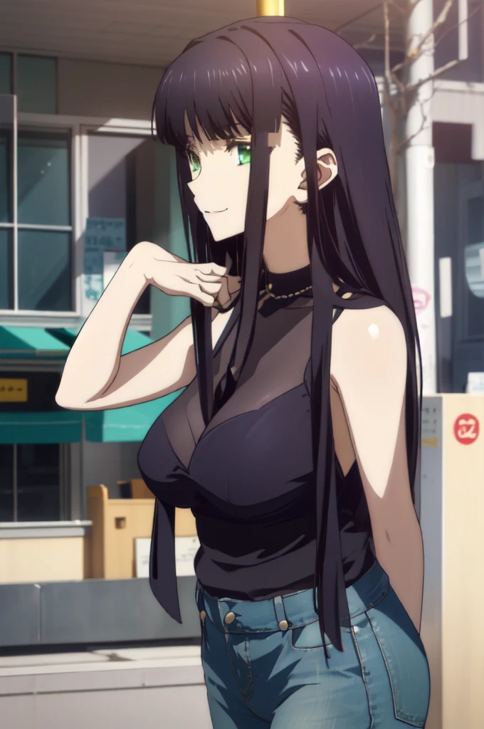 Connect UHD and 8K, hight resolution,Very detailed CG, High quality shadows, Detail Beautiful delicate face, Detail Beautiful delicate eyes,BREAK(Very detailed 8k wallpaper),(Highly detailed CG 8K wallpaper),Makima (chain saw man),Sukasaha (Fate/grand order),Shimohira Reihua ,Hi-Res,Very delicate and beautiful CG illustration,top-quality,Realistic skin feeling,Realistic fabric,Realistic texture,beautiful thigh,big breasts thin waist,(((masutepiece))), (((Best Quality))),8K,32K,​masterpiece,beautiful alluring anime woman,ultra-definition,ultra-detailliert,hight resolution,a hyperrealistic schoolgirl,masuter piece, Best Quality, High quality, High Definition, high quality texture, high quality shadow, high detailing,finely detail,1girl in,High school students,Solo,Soio,Only one person,Alone,One Person,tall,AS-Adult,Mature atmosphere,Leg length,neat and long legs,8 Head Body,stature:171cm,Mature girls,Reddish-purple hair,Reddish-purple hair,Purple hair,cassis colored hair,silky and smooth hair,Colorful hair,Straight hair,Smile,Smiling happily,lively expression,Cute smile,Cool Beauty,Beautuful Women,Neat face, Beautiful realism,Seductive look,Bewitching look,serene expressions,beautiful hairl,She wears a necklace around her neck,Necklace,bead necklace,magatama accessories,A slight smil,Colorful eyes,green colored eyes,Jade-colored eyes,beautidful eyes,Bright eye,Delicat eyes,Eyes Like Gems,Jade Eyes,Hanging eyes,(Green eyes:1.5),Seductive face,,Sleeveless,turtle neck,Sweaters,JINS,Blue Denim Pants,Women's Bags,Shoulder back,during daytime,Urban area,Walking,holiday,takeout,Bustling street,lo fashion,blue-sky,Building Street,Model photo,lunch,out,takeout,